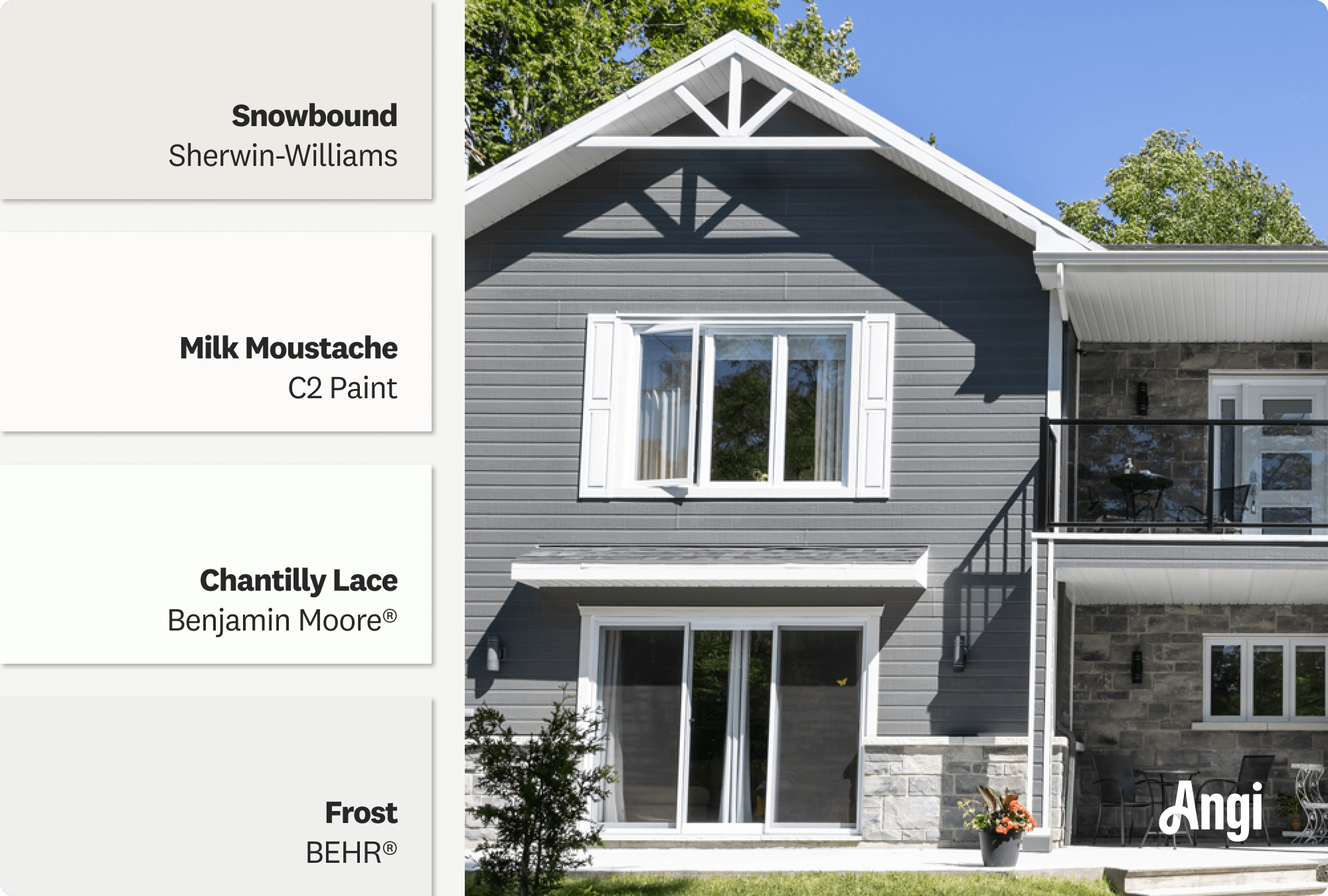 White painted shutters on a gray home exterior, including different tones of white paints