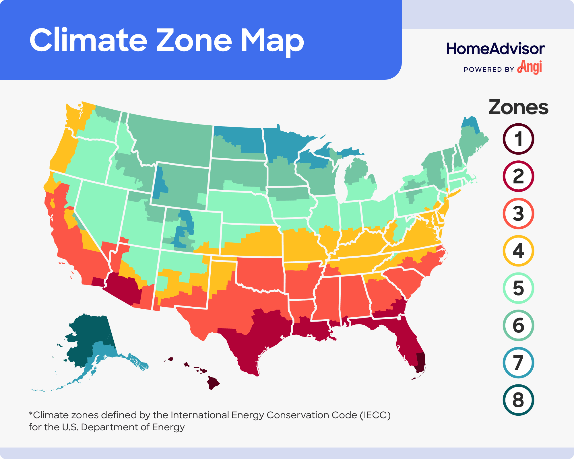Climate zone map of the United States of America, including 8 different zones