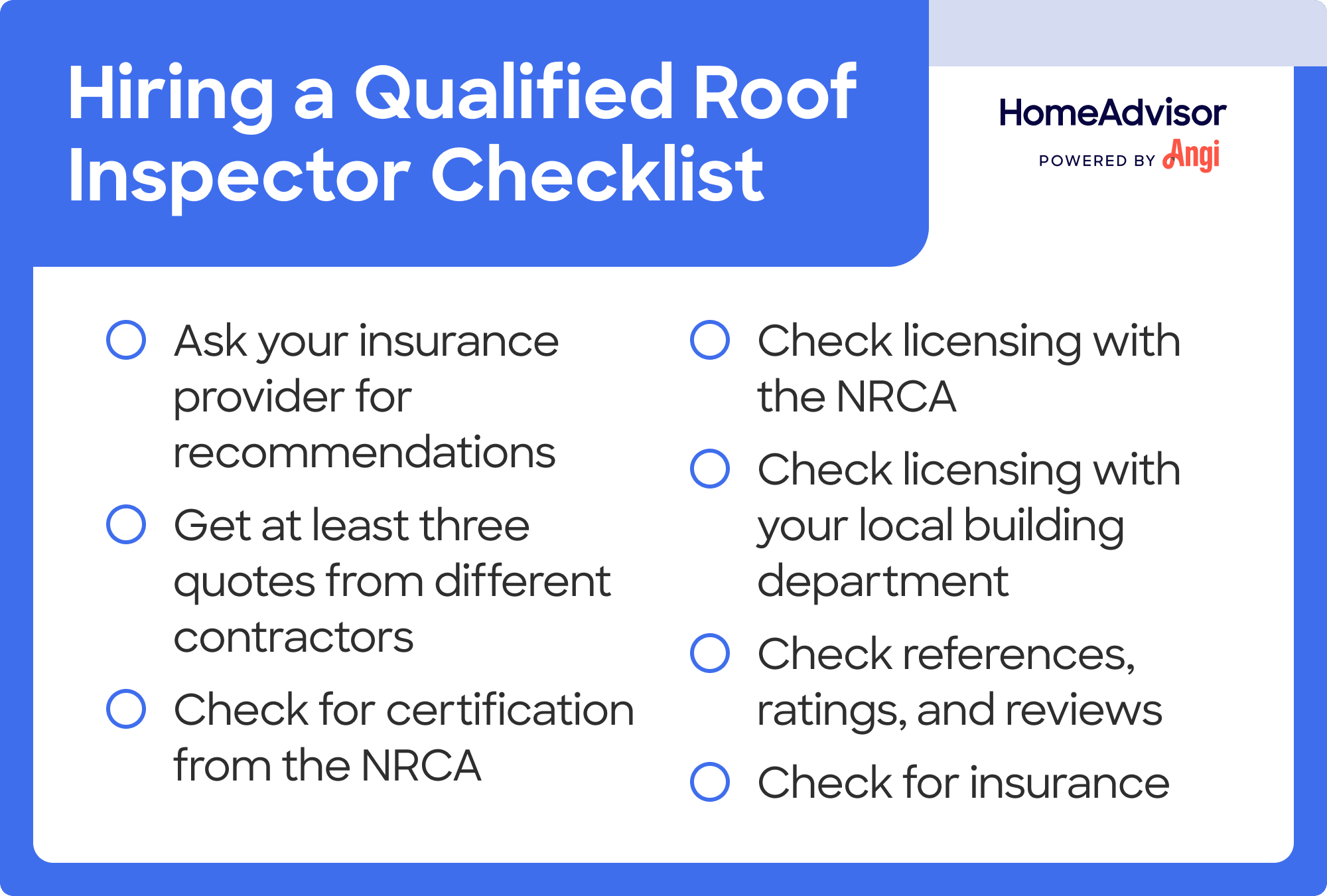 What to check when hiring a qualified roof inspector, including checking for licensing with the NRCA and insurance