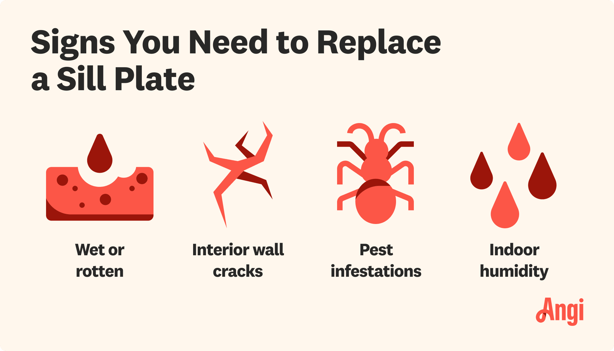 4 signs you need to replace a sill plate, including rotten wood, interior cracks, pest infestations, and indoor humidity