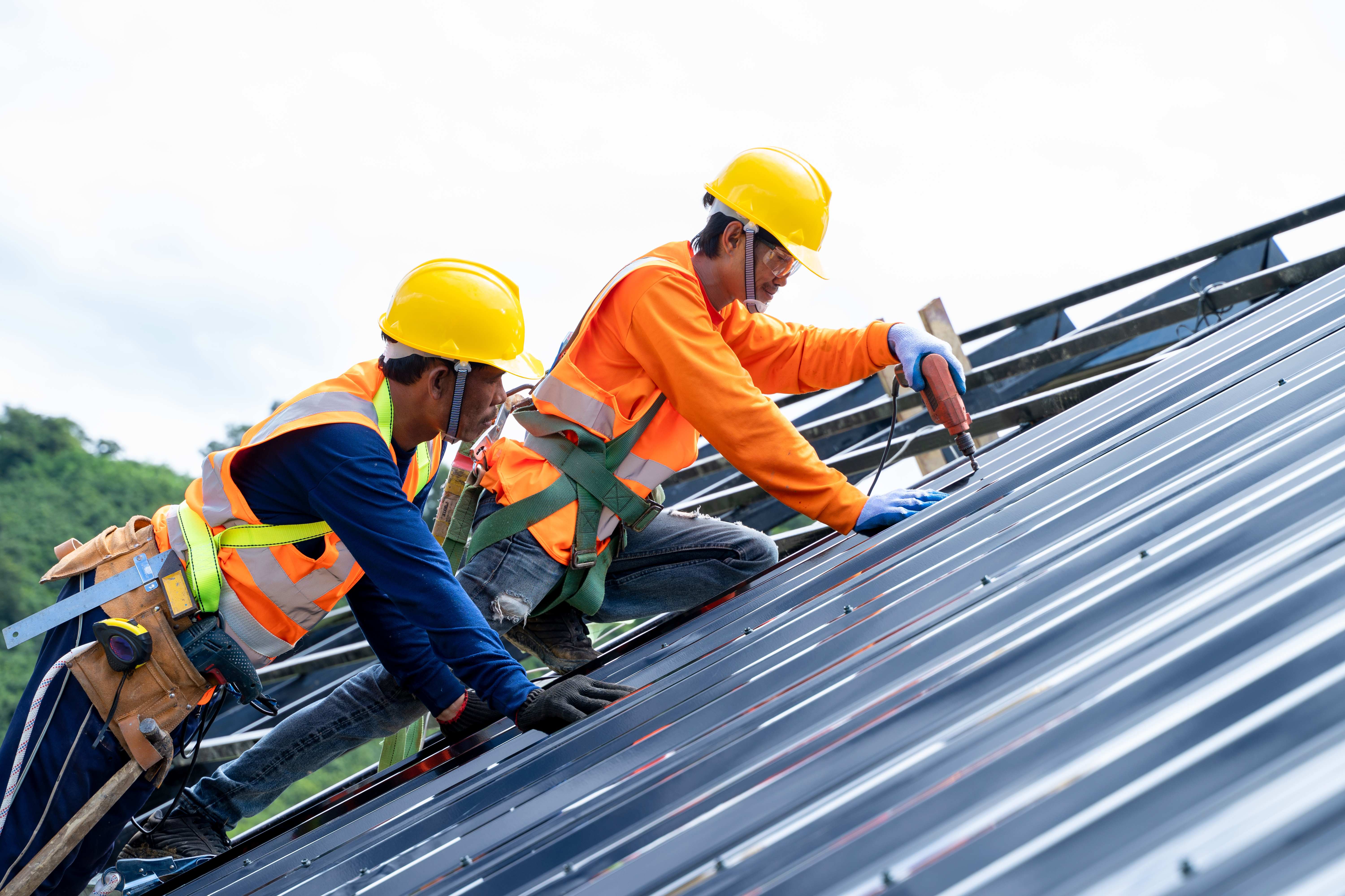 Two professionals installing a new metal roof