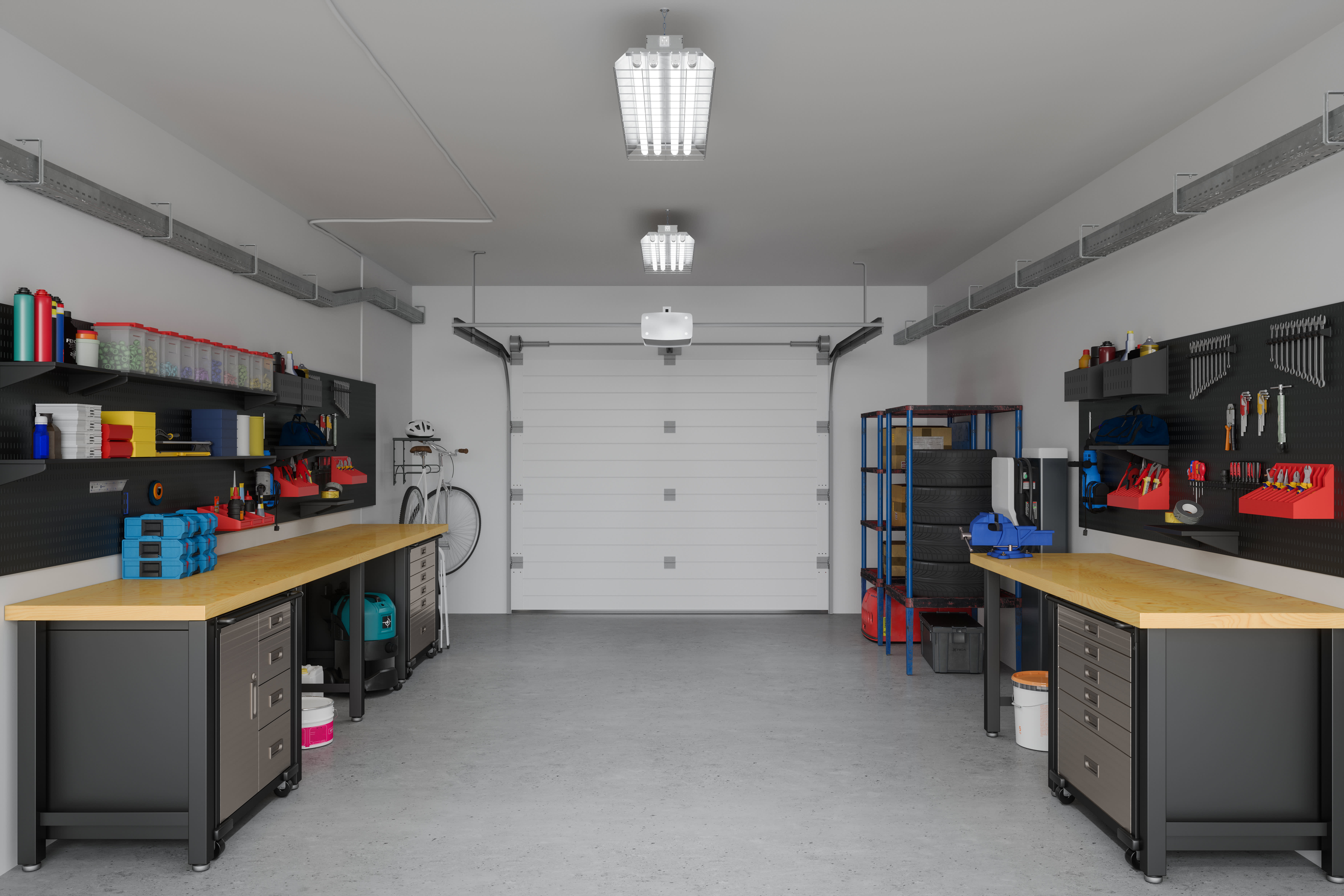 A tidy garage with tools on the sides