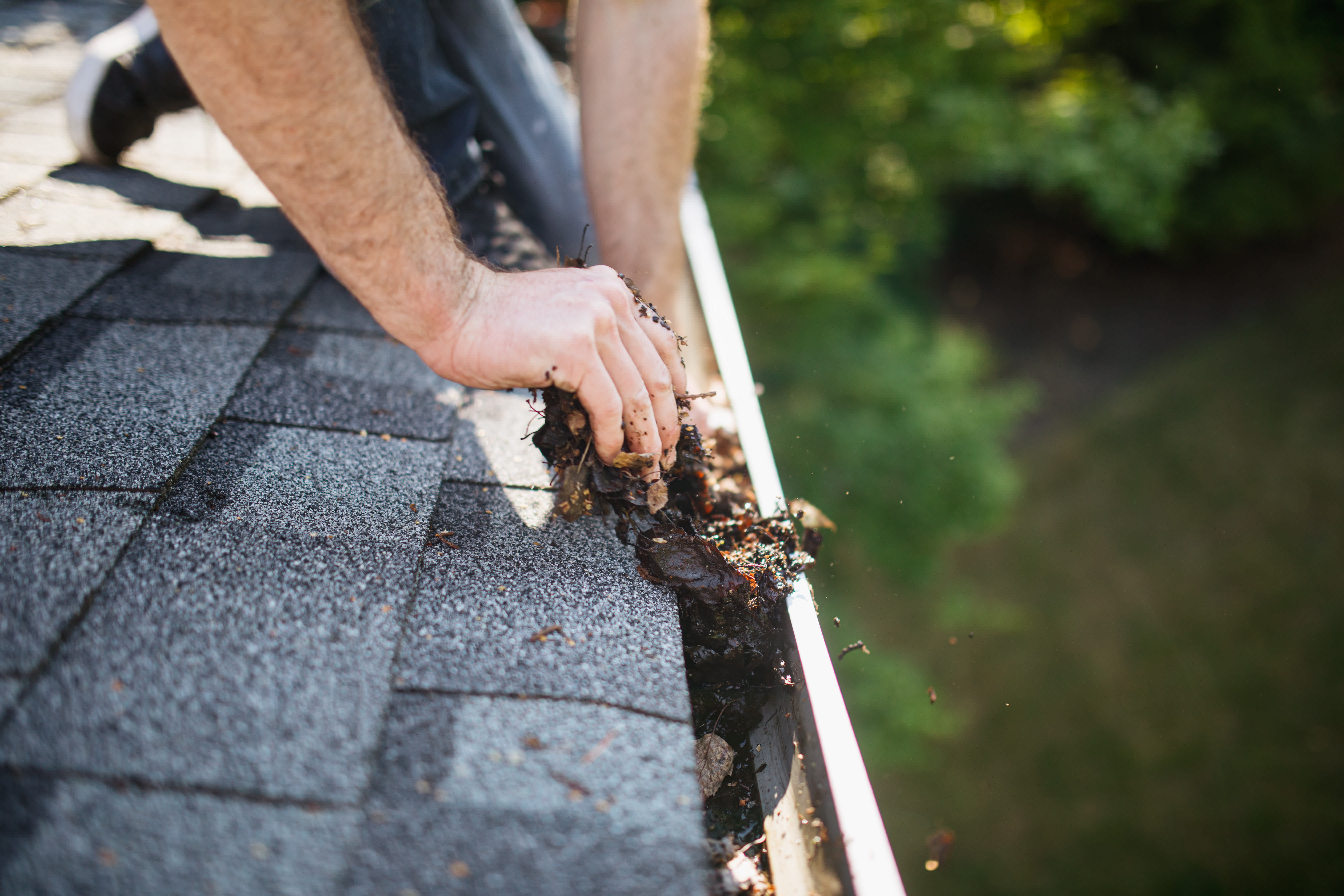 Close-up of a person cleaning a gutter