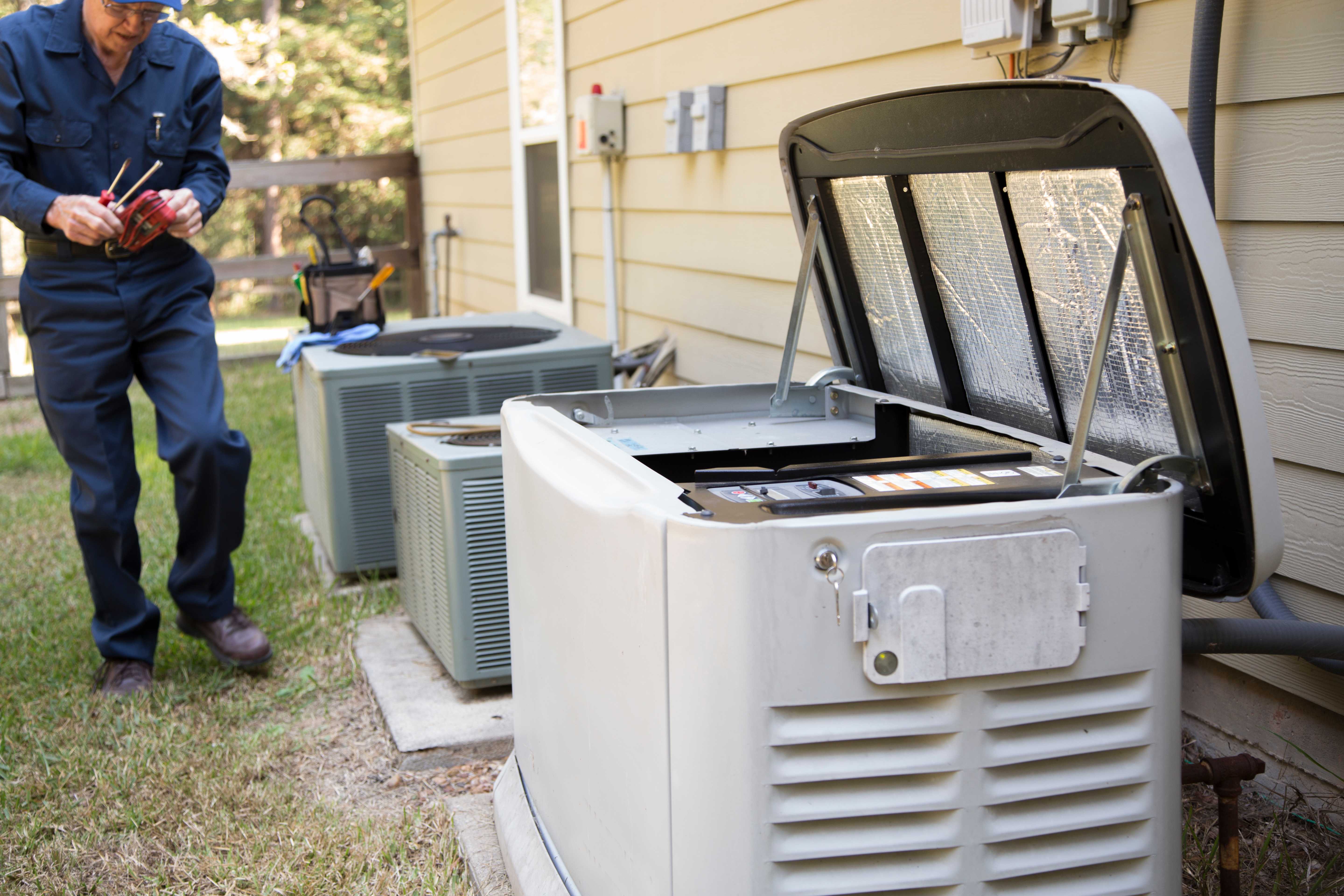 Technician repairs a fixed generator, ensuring efficient operation and reliable backup power for the home