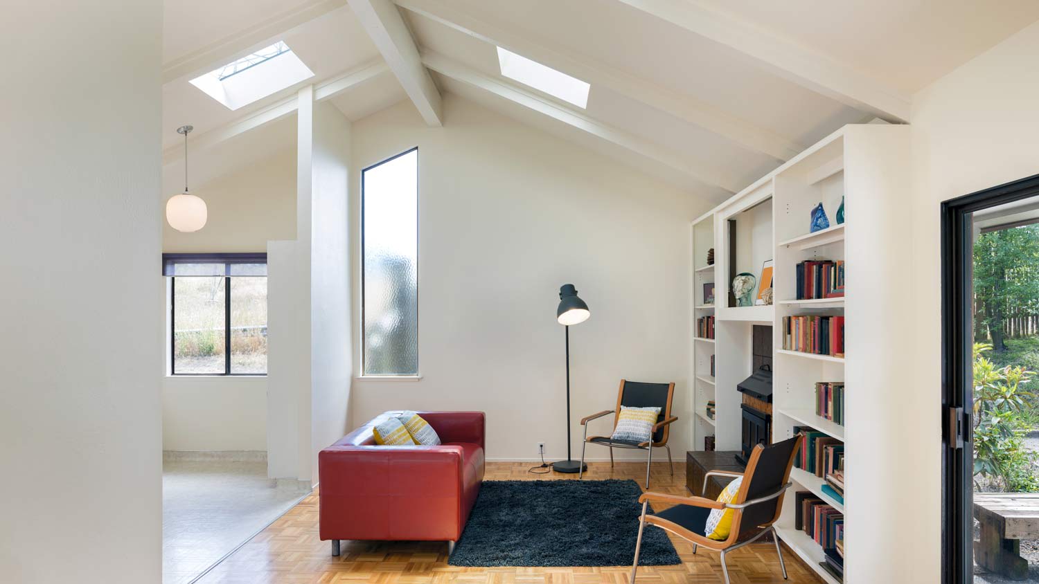 spacious living room with skylight