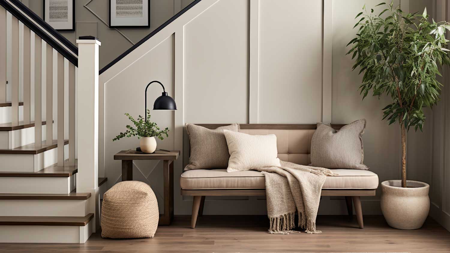 A living room with board and batten wall