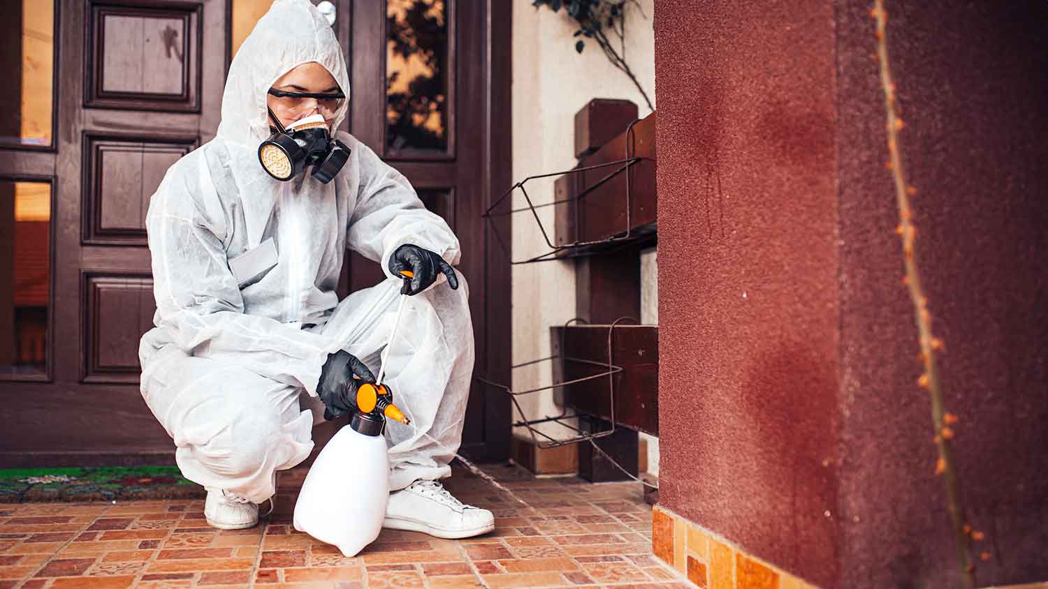Pest control professional spraying a house porch