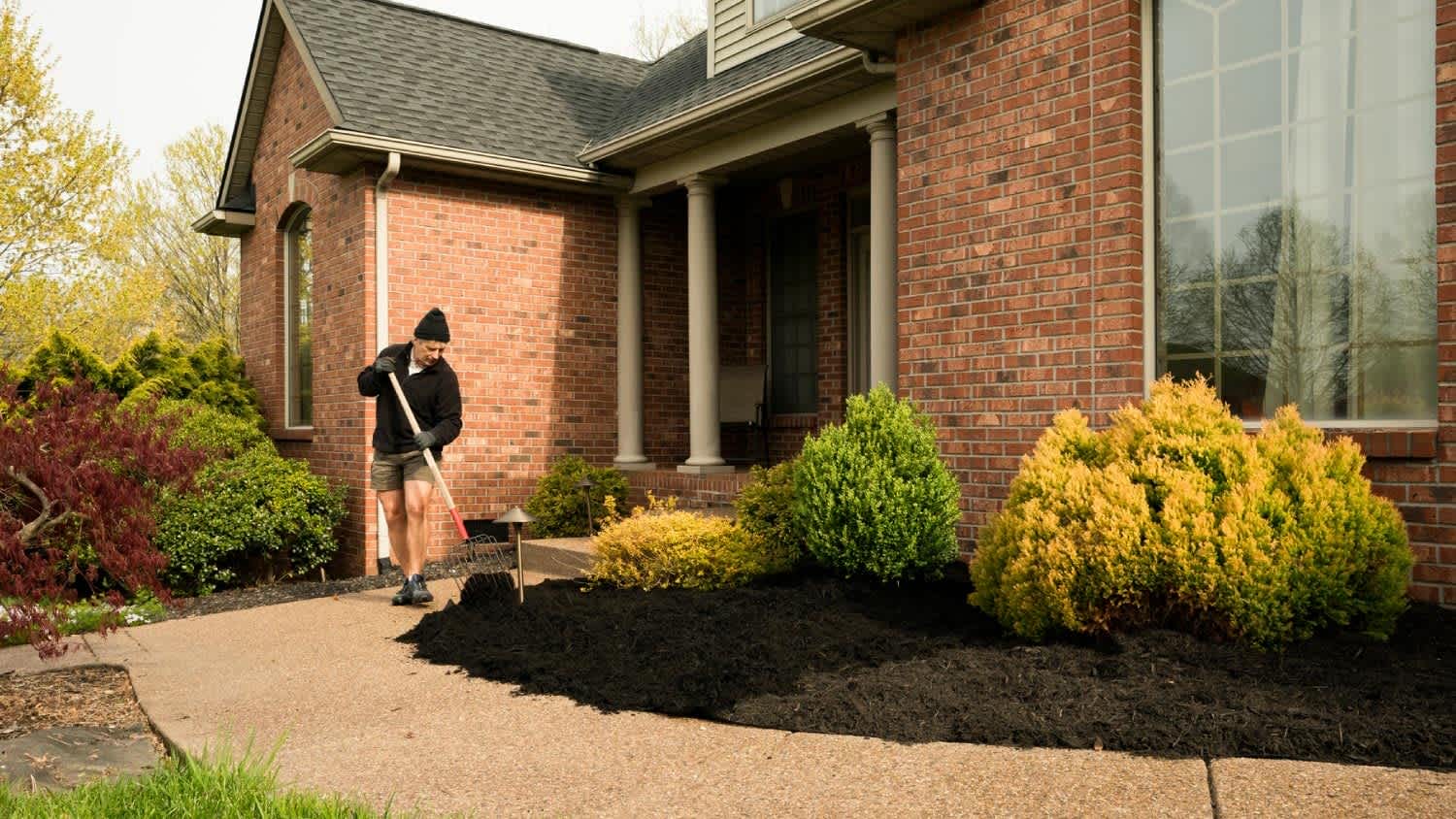 A man replacing mulch in front yard