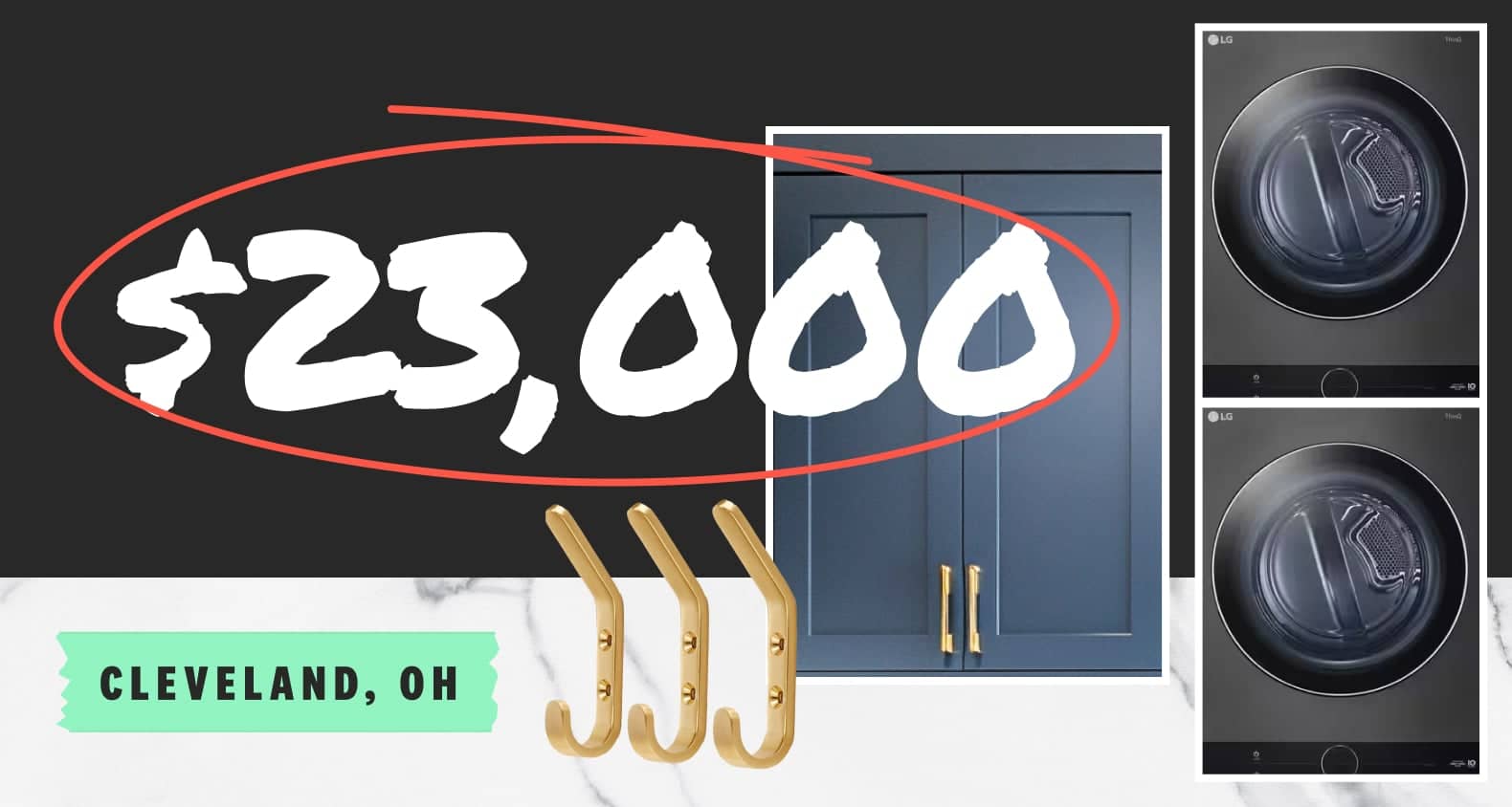 A collage featuring a set of gold coat hooks, a blue shaker cabinet with gold pulls, a stacked washer and dryer, and a white marble texture. Copy overlay says “$23,000 - Cleveland, OH”