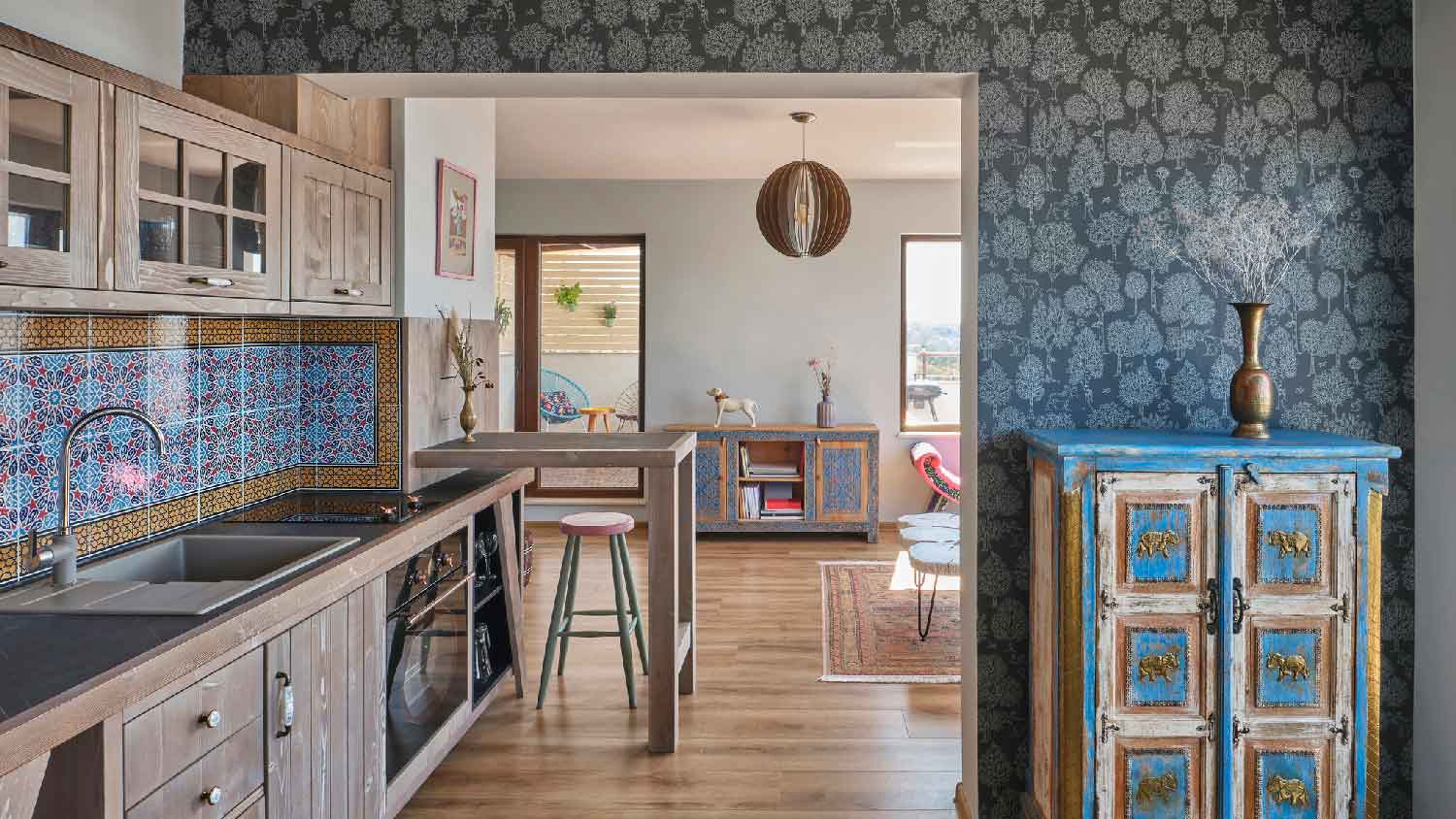 A kitchen with peel-and-stick wallpaper