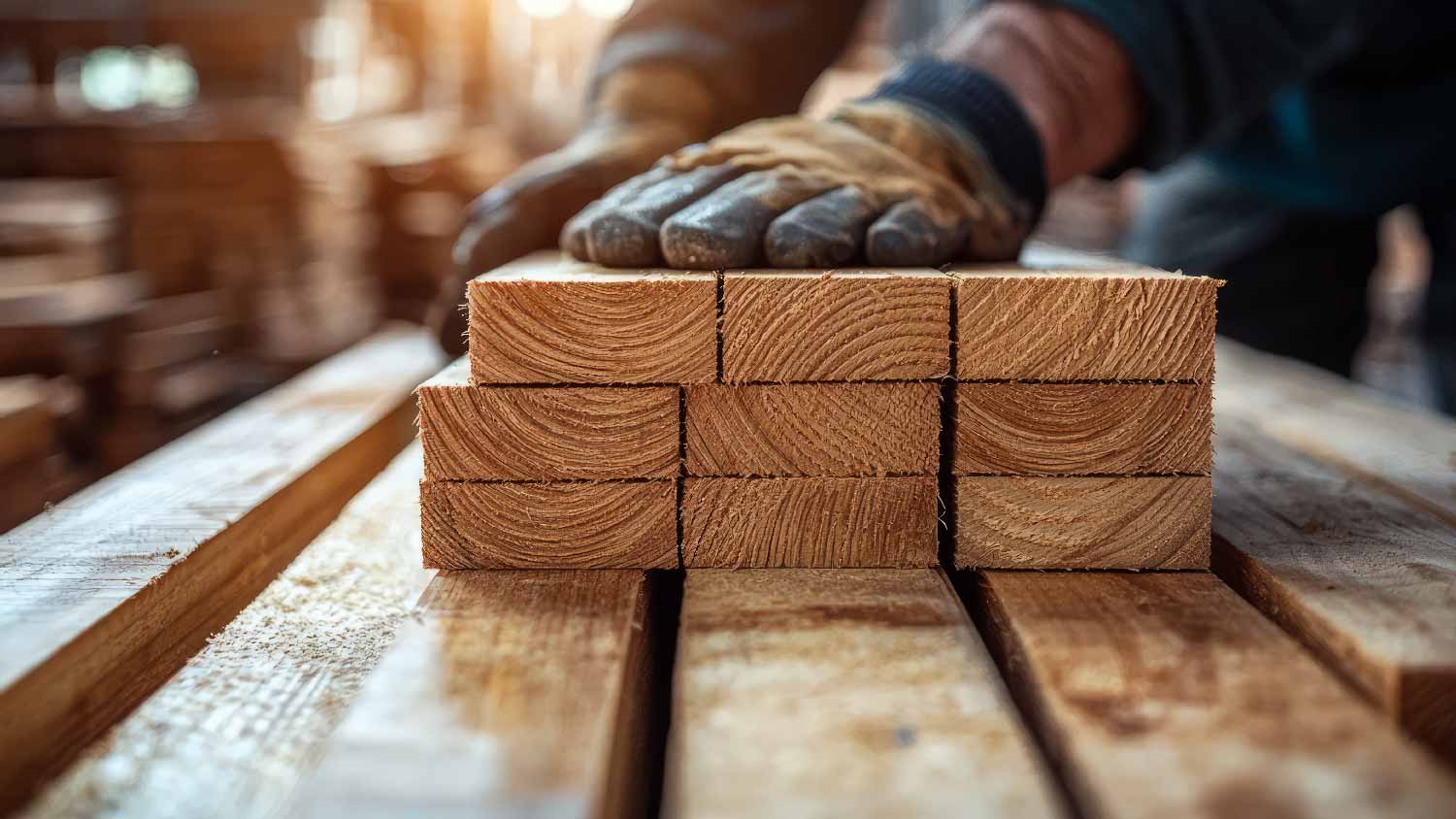 A carpenter holding pressure treated wooden planks