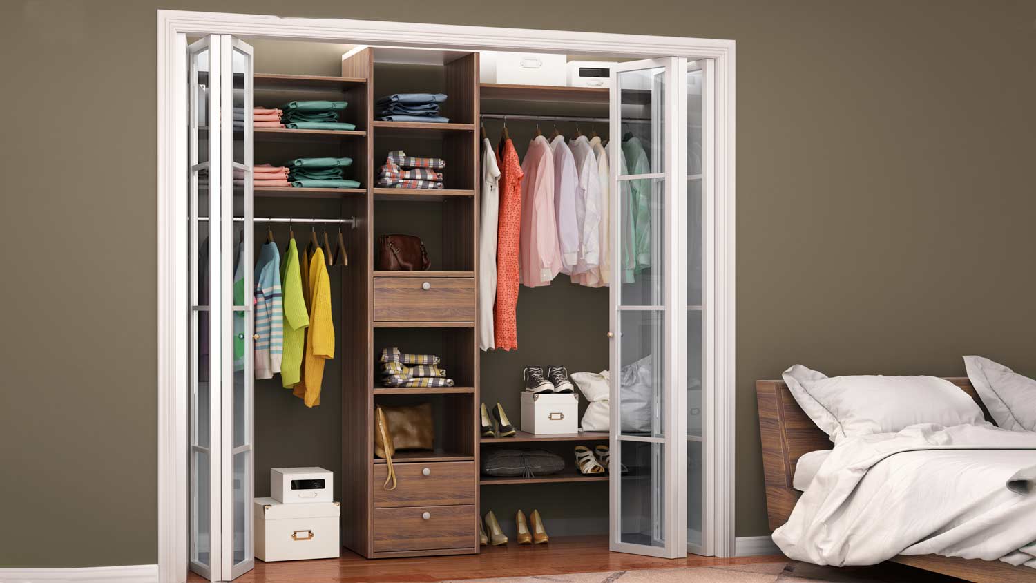 A bedroom closet with white bifolding doors