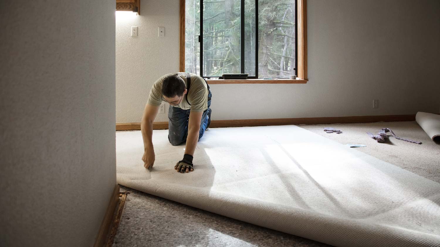 A professional installing a carpet on a sunny day