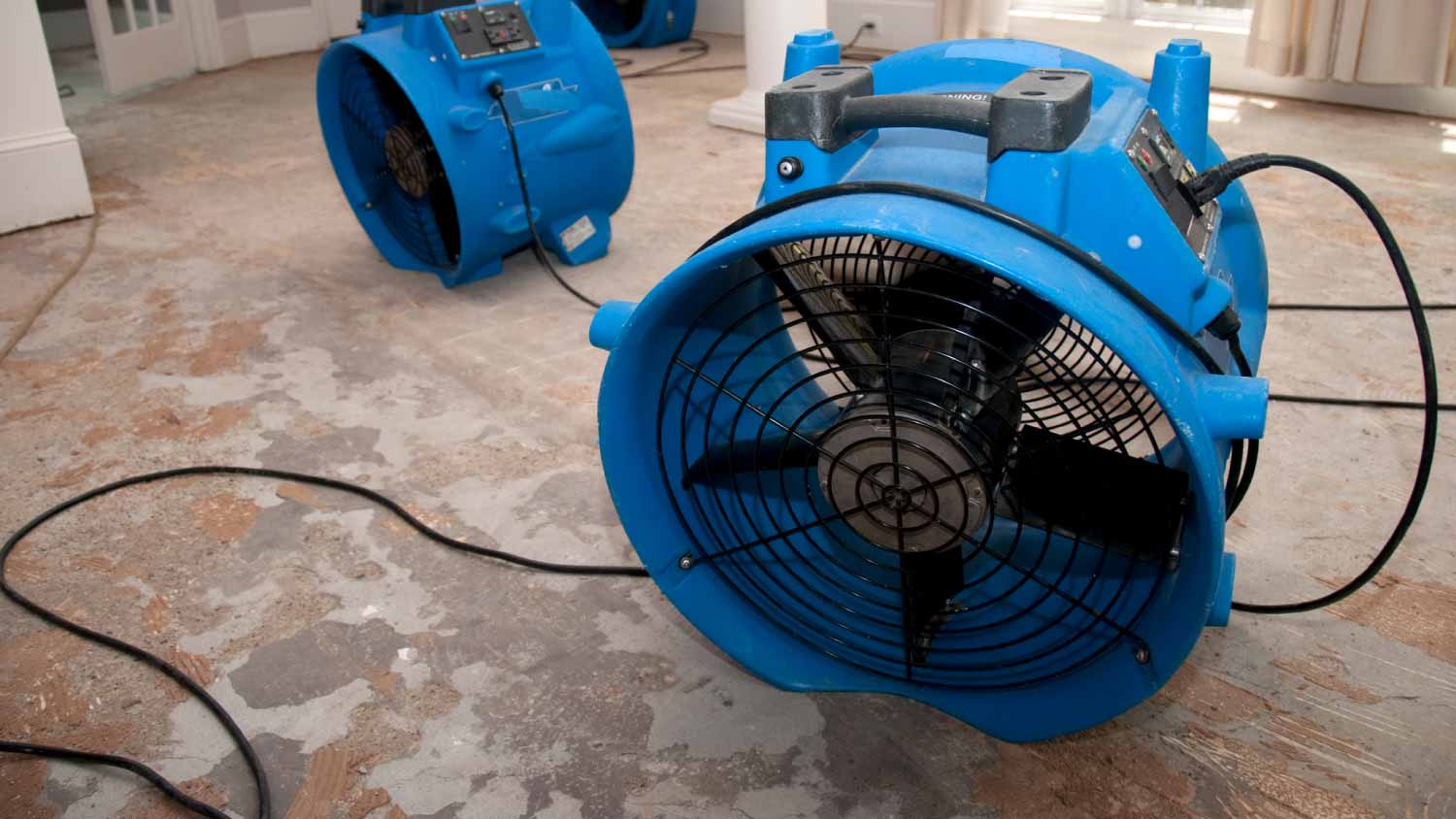 Industrial fans and dehumidifiers in the room
