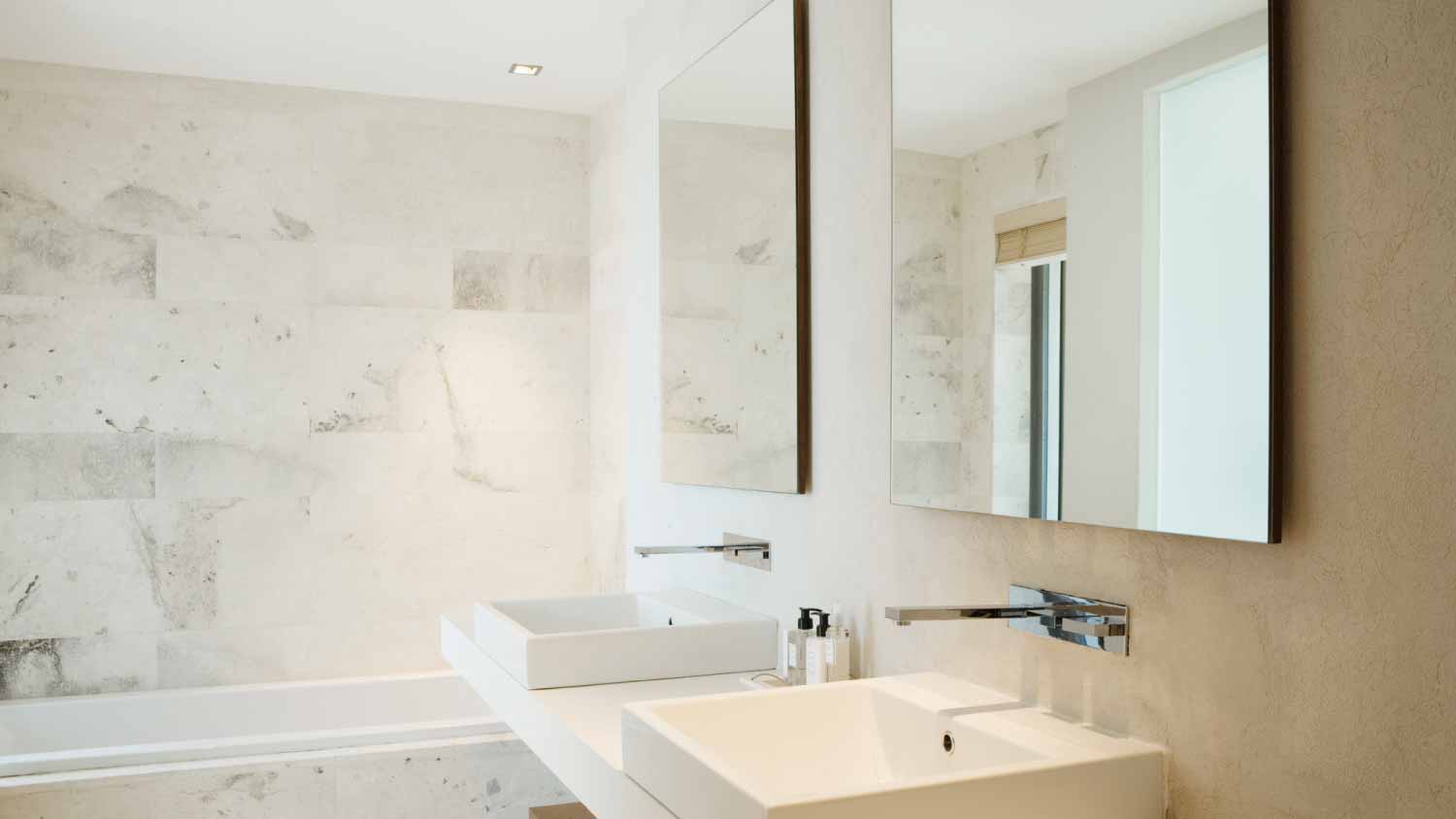 White bathroom vanity with double sinks