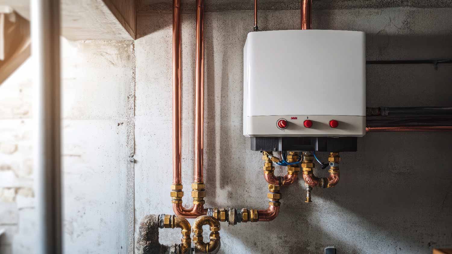 Text: Close-up of a modern water heater