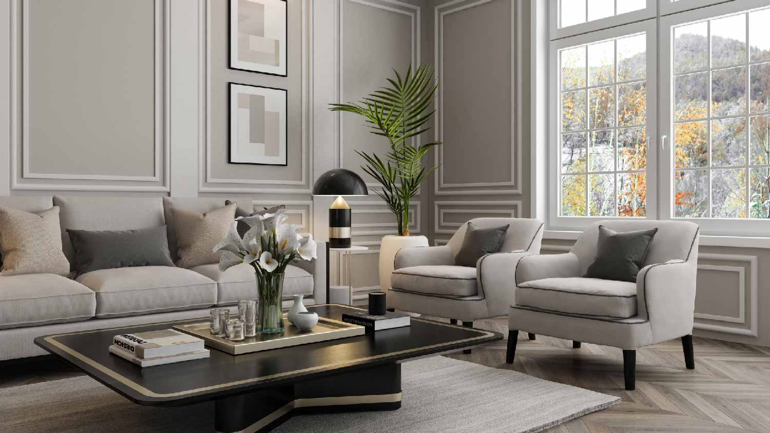 A neoclassical living room painted in grey color