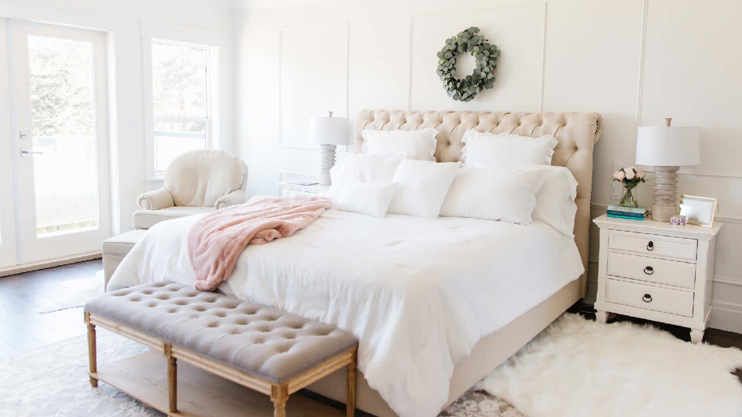 A bright bedroom with a large bed
