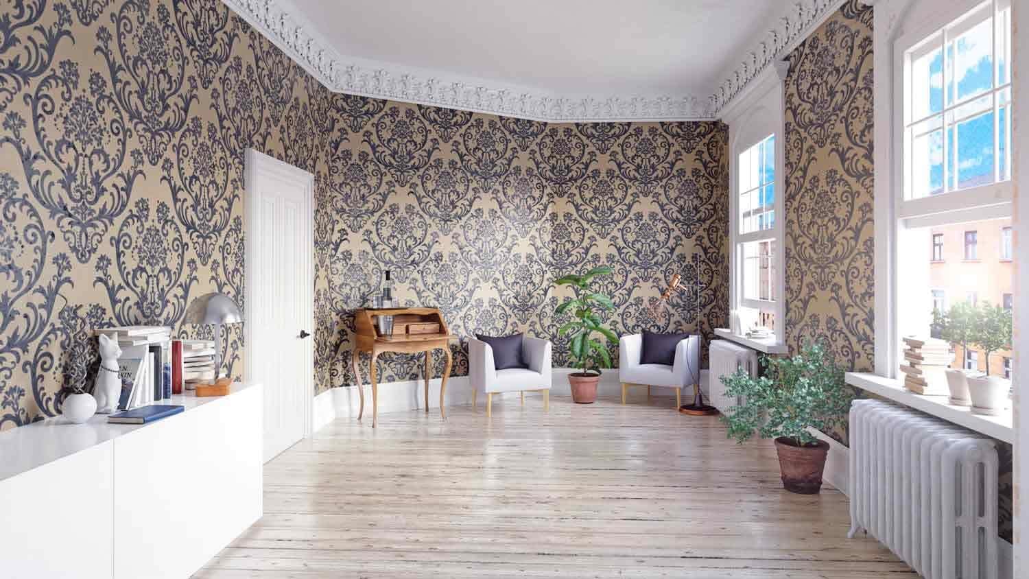 A neutral colored living room with vertical stripe wallpaper