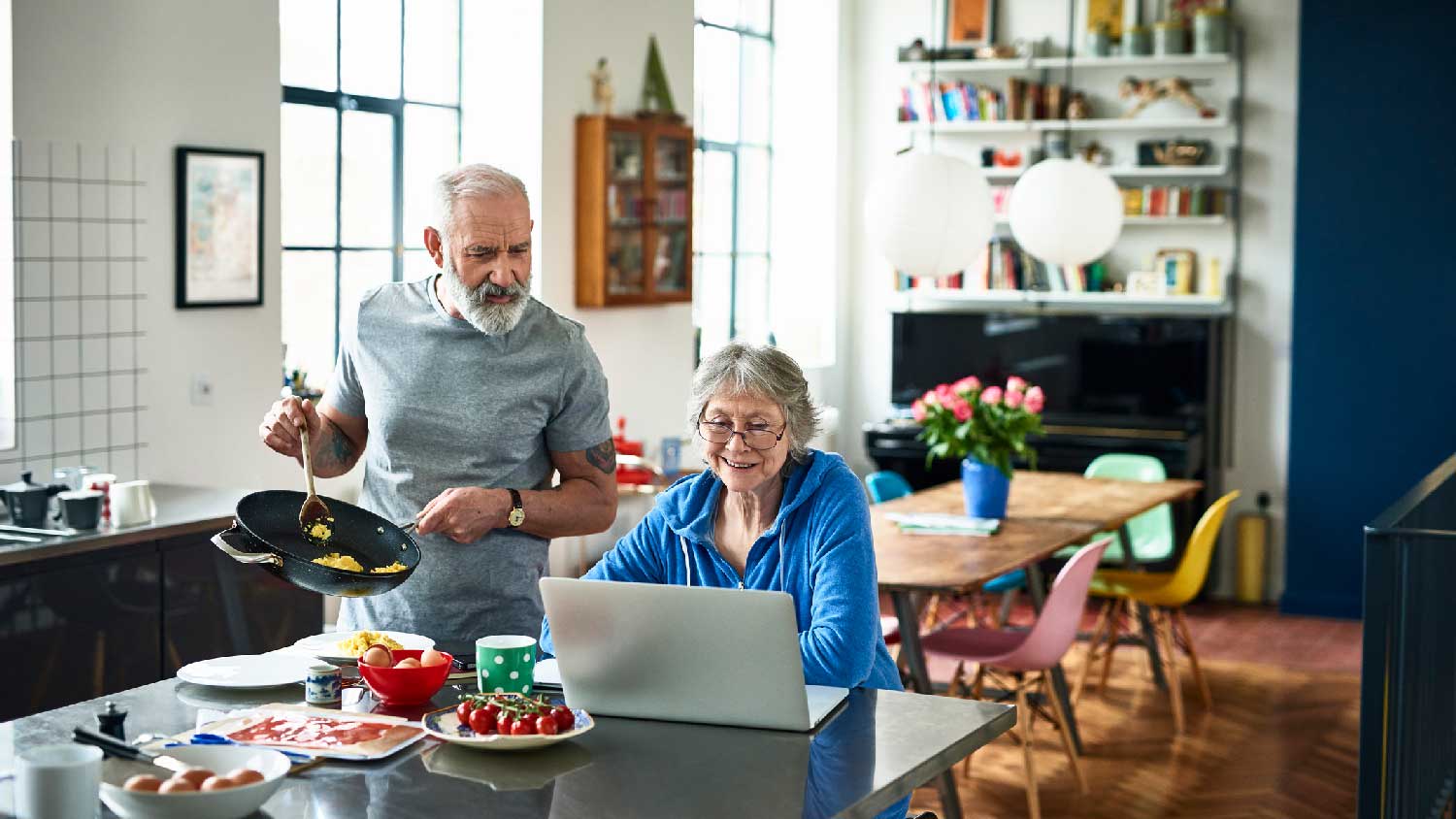 A senior couple at their home