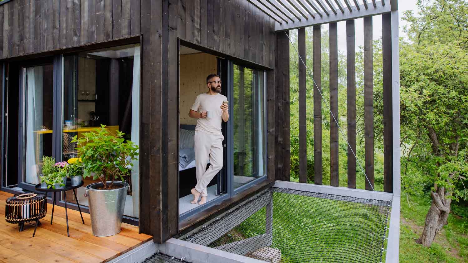 A man in a tiny house