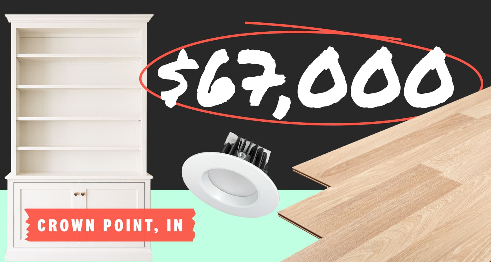 A collage featuring a white bookshelf, wood floors, and an LED recessed lighting fixture. Overlay says “$67,000 - Crown Point, IN”.