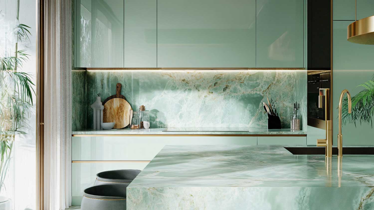 A kitchen with onyx countertop