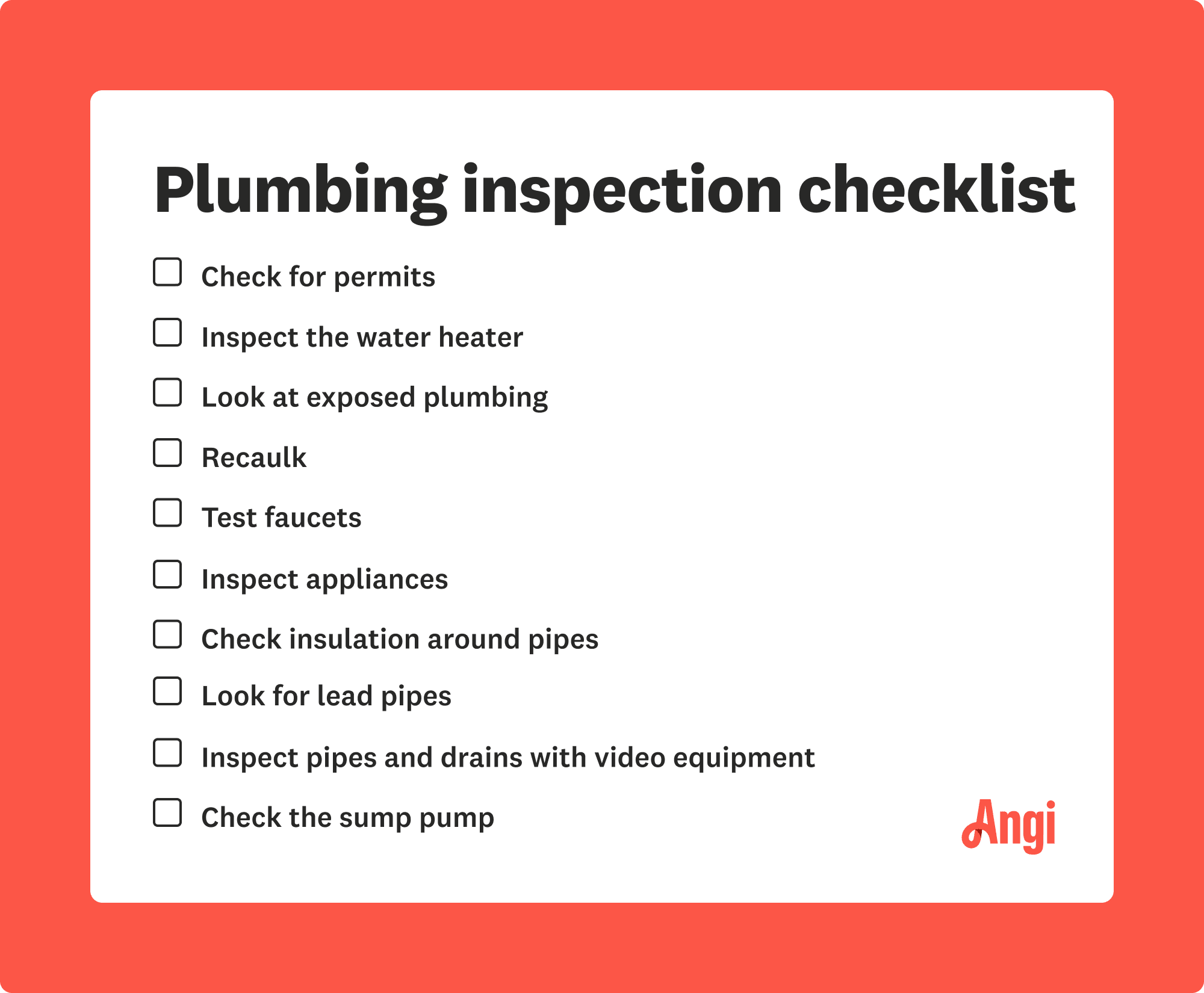 Plumbing inspection checklist, including testing faucets, recaulking, and looking for lead pipes