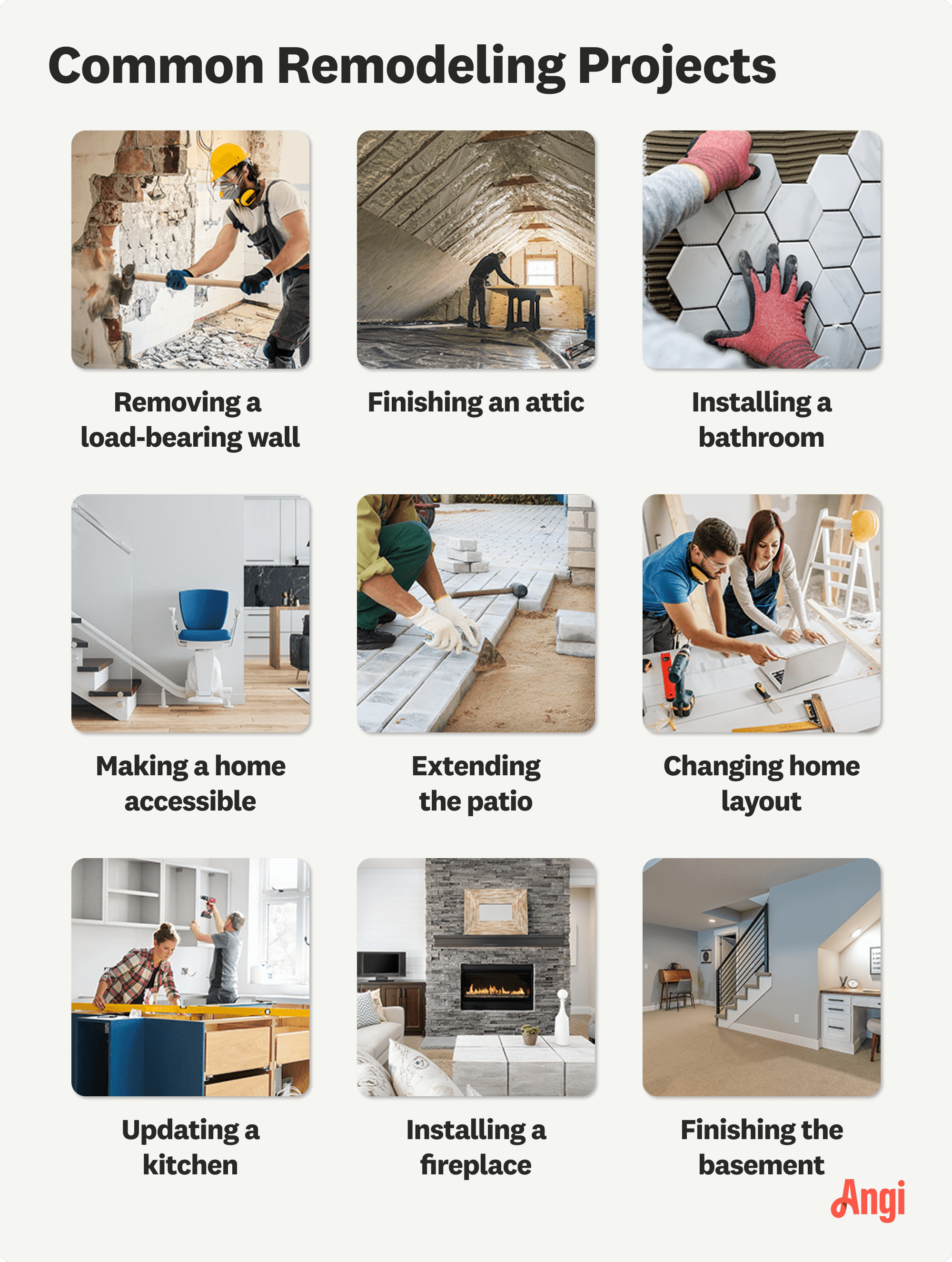 9 common remodeling projects compared visually, including removing a load-bearing wall and adding HVAC vents