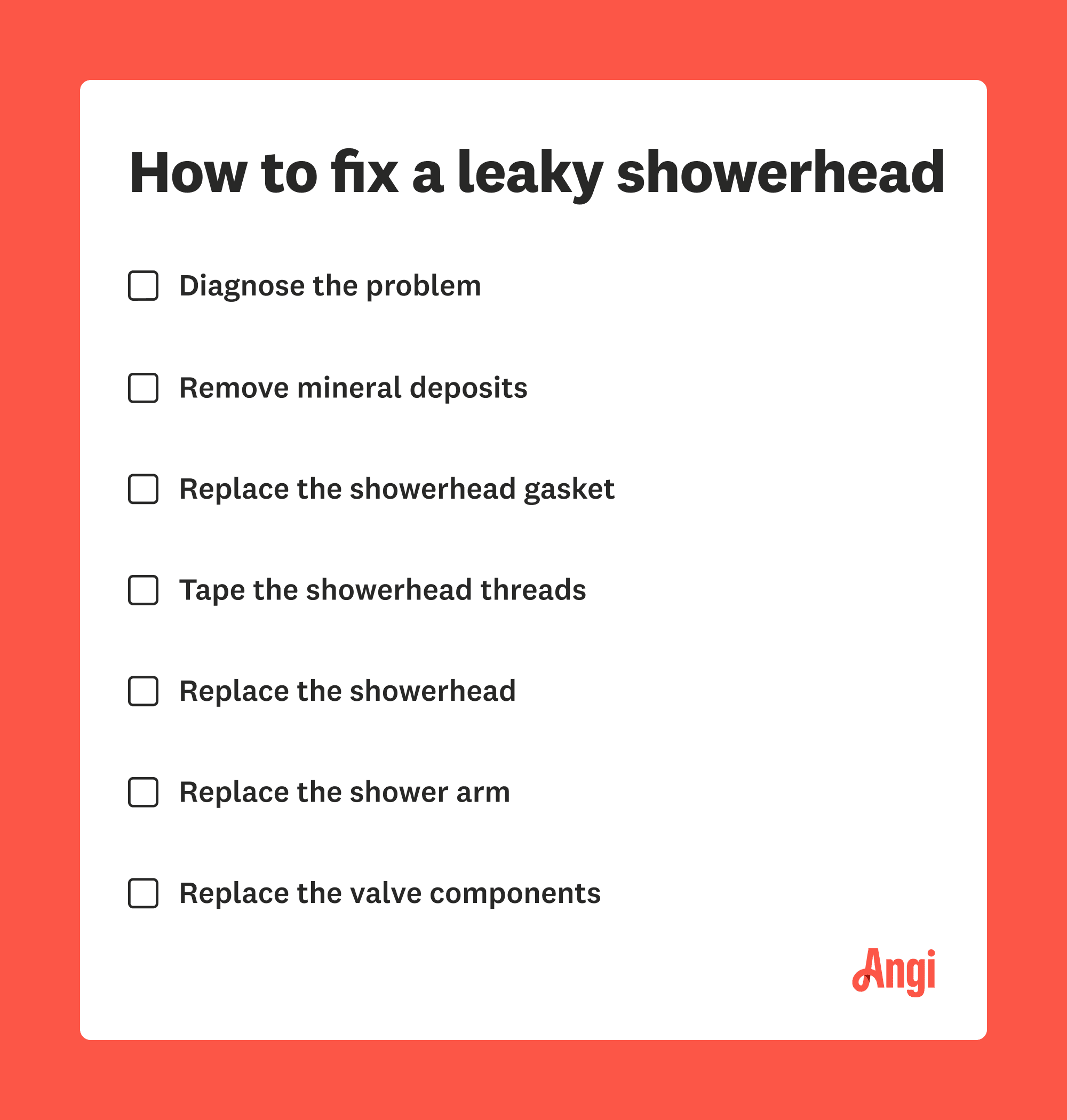 Checklist to fix a leaky showerhead, including diagnosing the problem and replacing the showerhead gasket