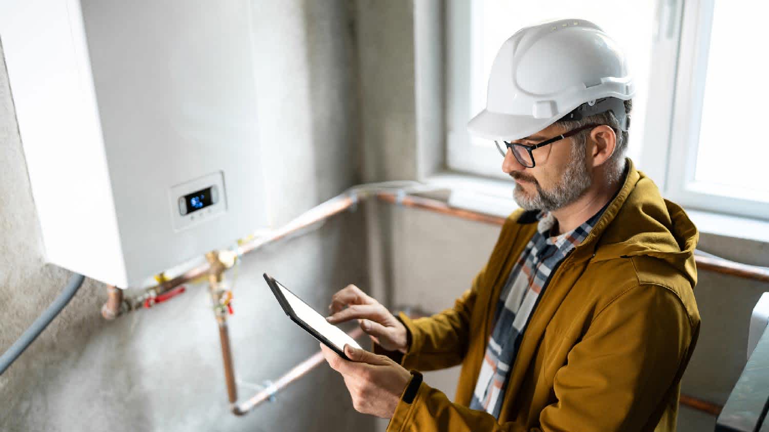 A professional inspecting a water heater