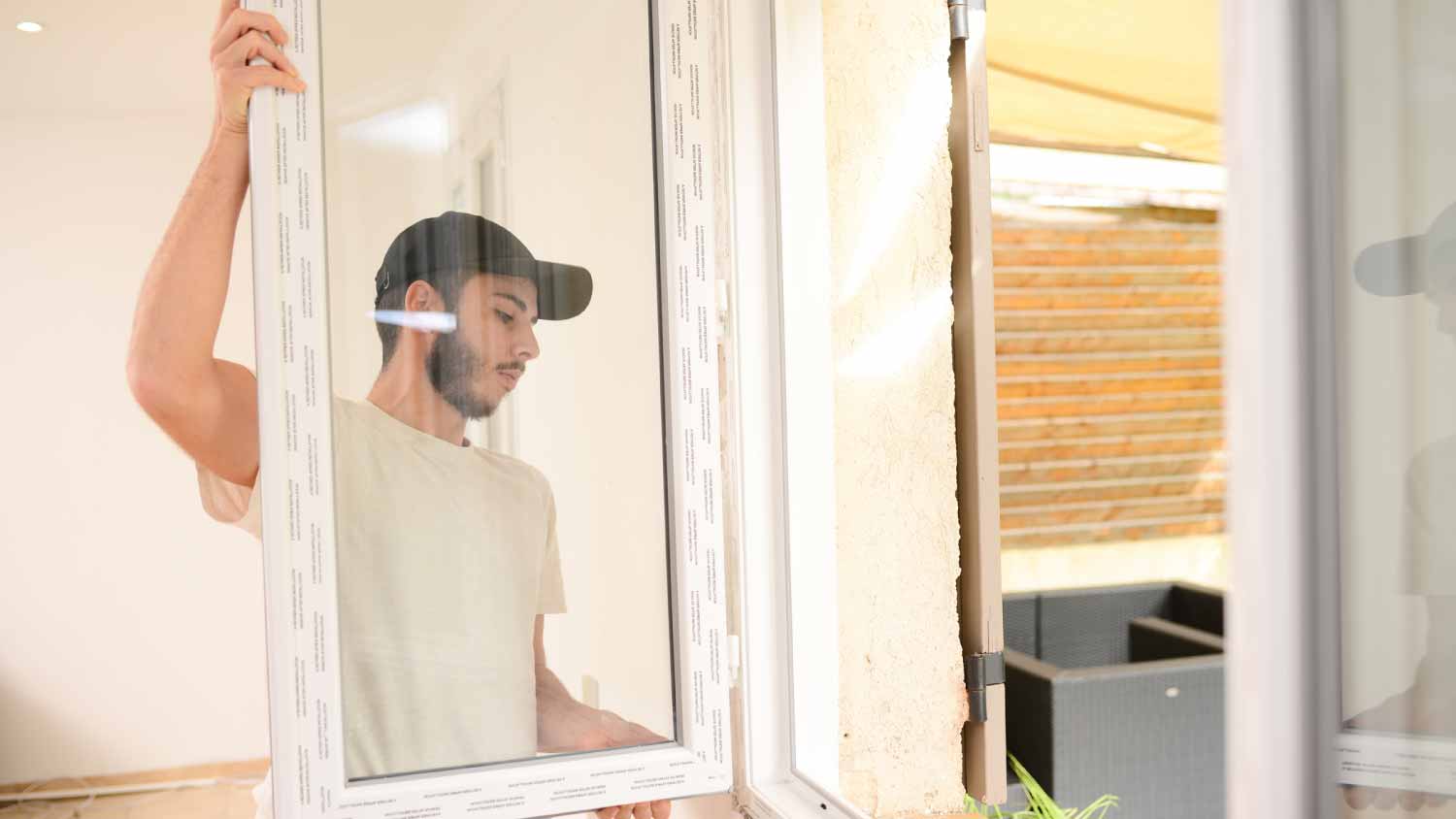 Worker replacing a new home window