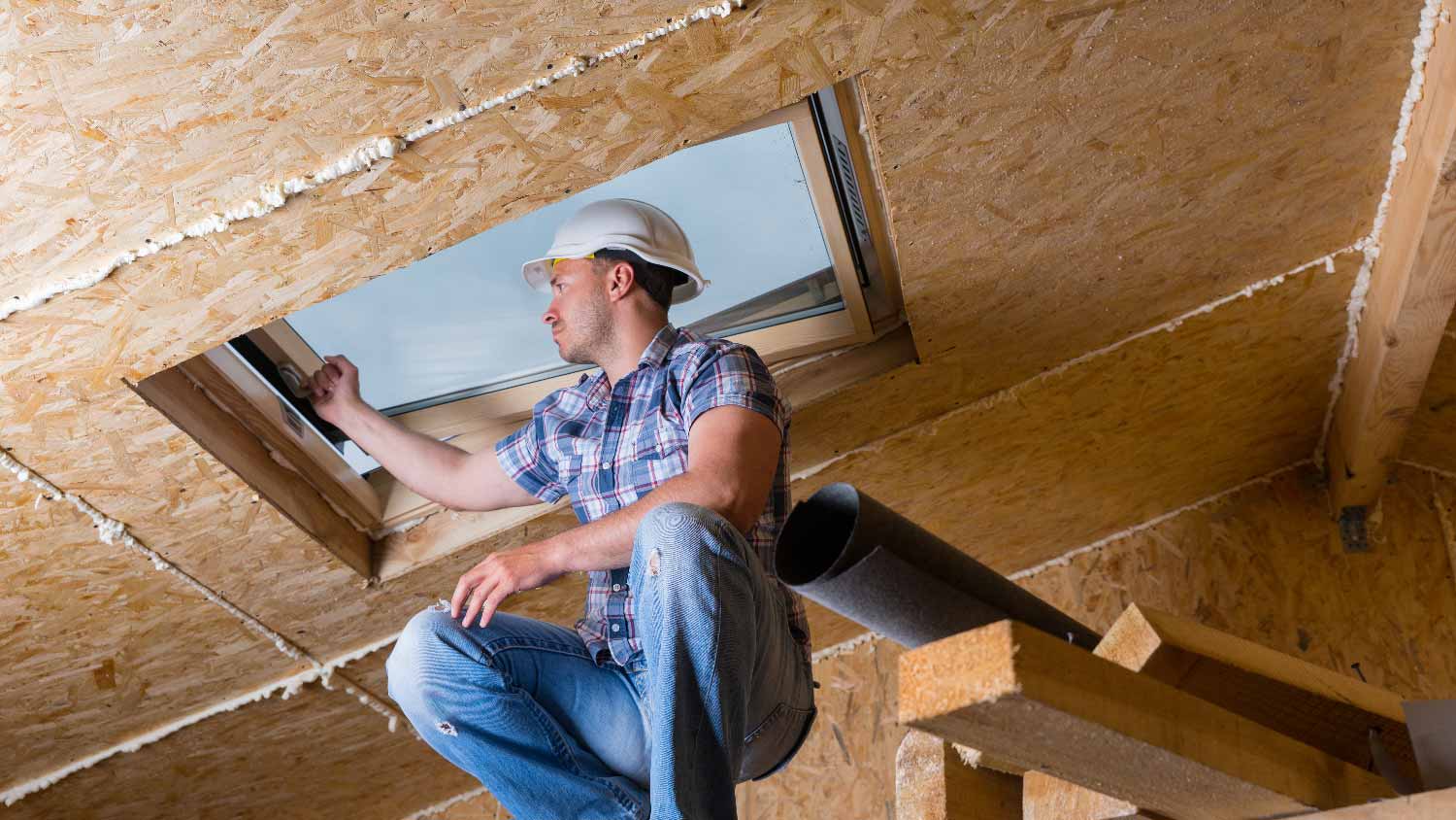 A professional inspecting a skylight
