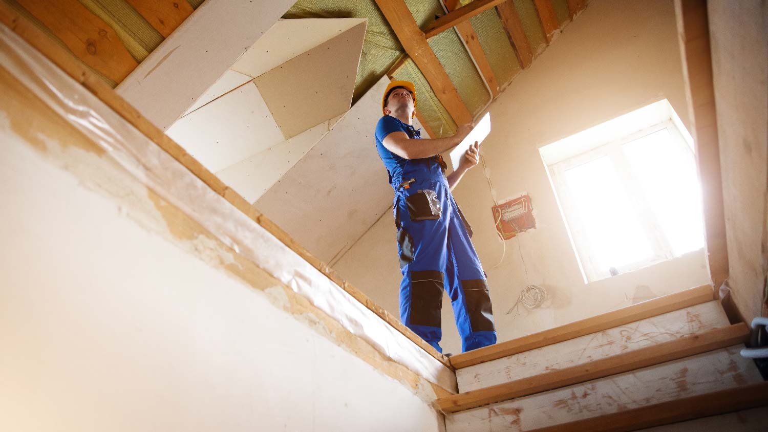 A professional inspecting an attic