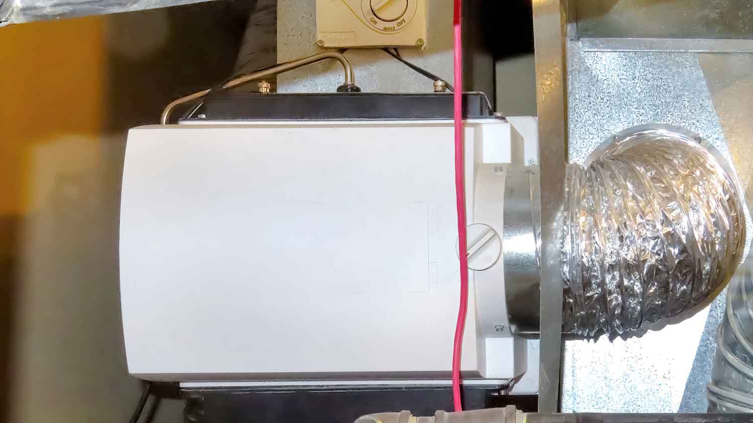Whole-house humidifier illustrated, including the humidistat, by-pass, and the humidifier