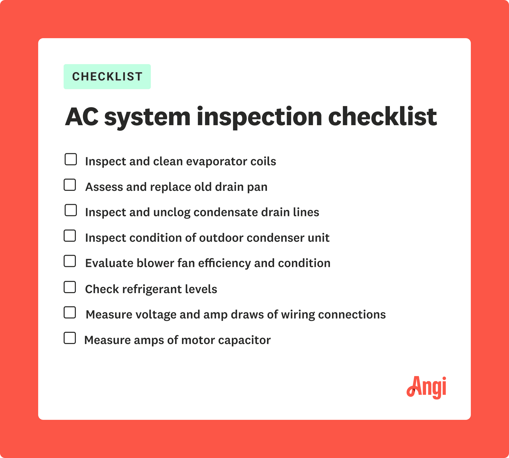 AC system inspection checklist, including inspecting and unclogging condensate drain lines and checking refrigerant levels
