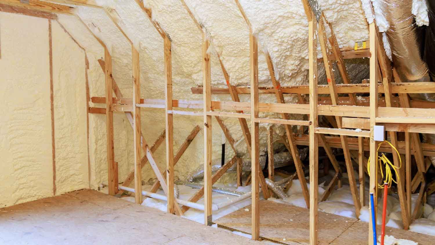 An attic with spray foam insulation
