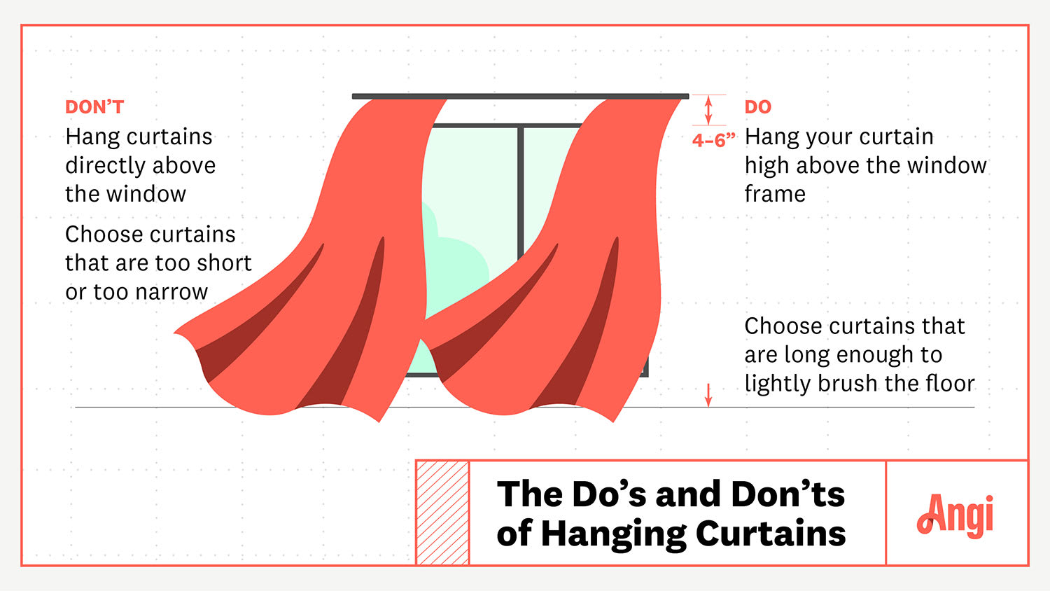 how to hang curtains infographic showing do's and dont's