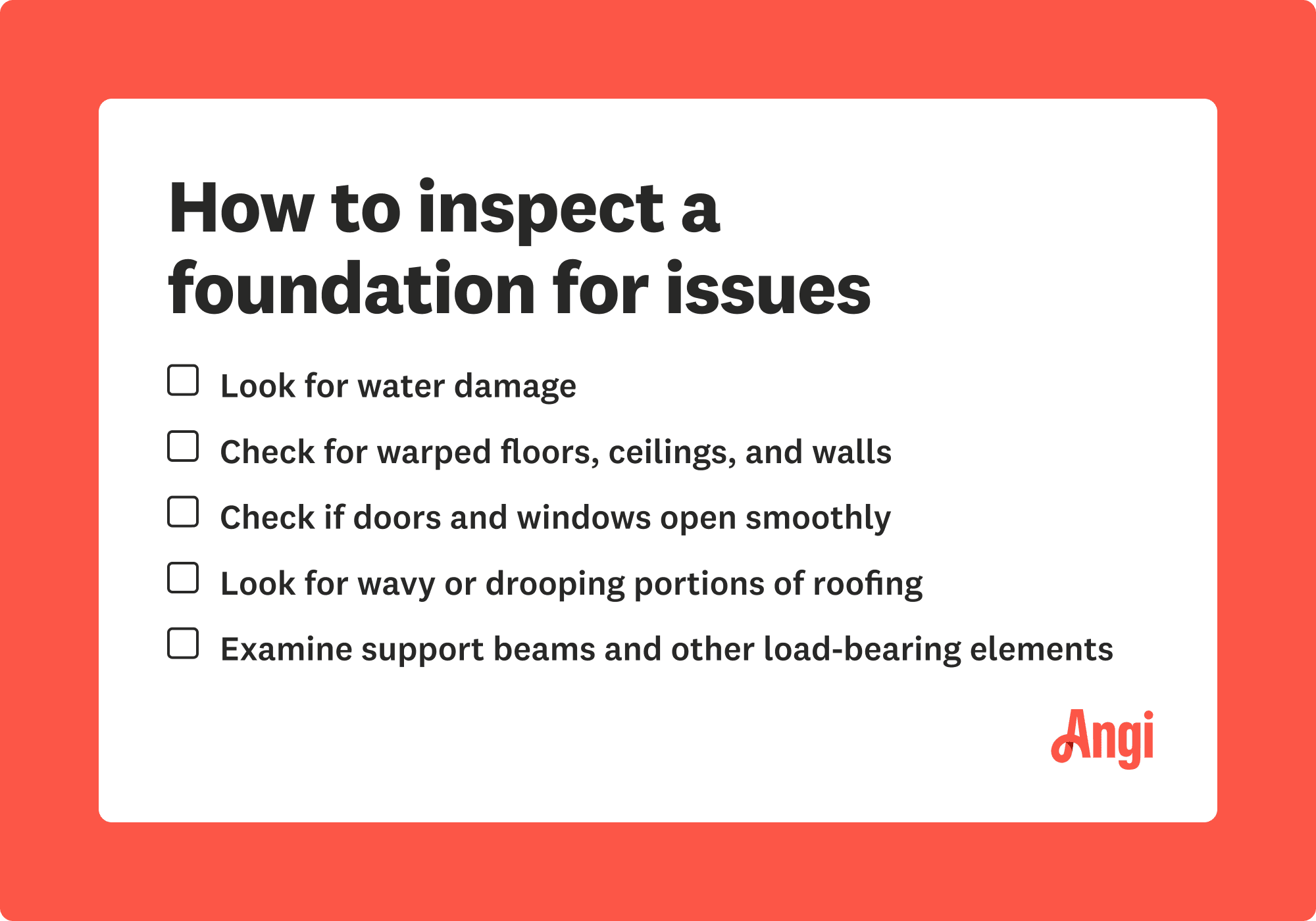 5 ways to inspect a foundation for issues, including looking for water damage and checking for warped floors, ceilings, and walls