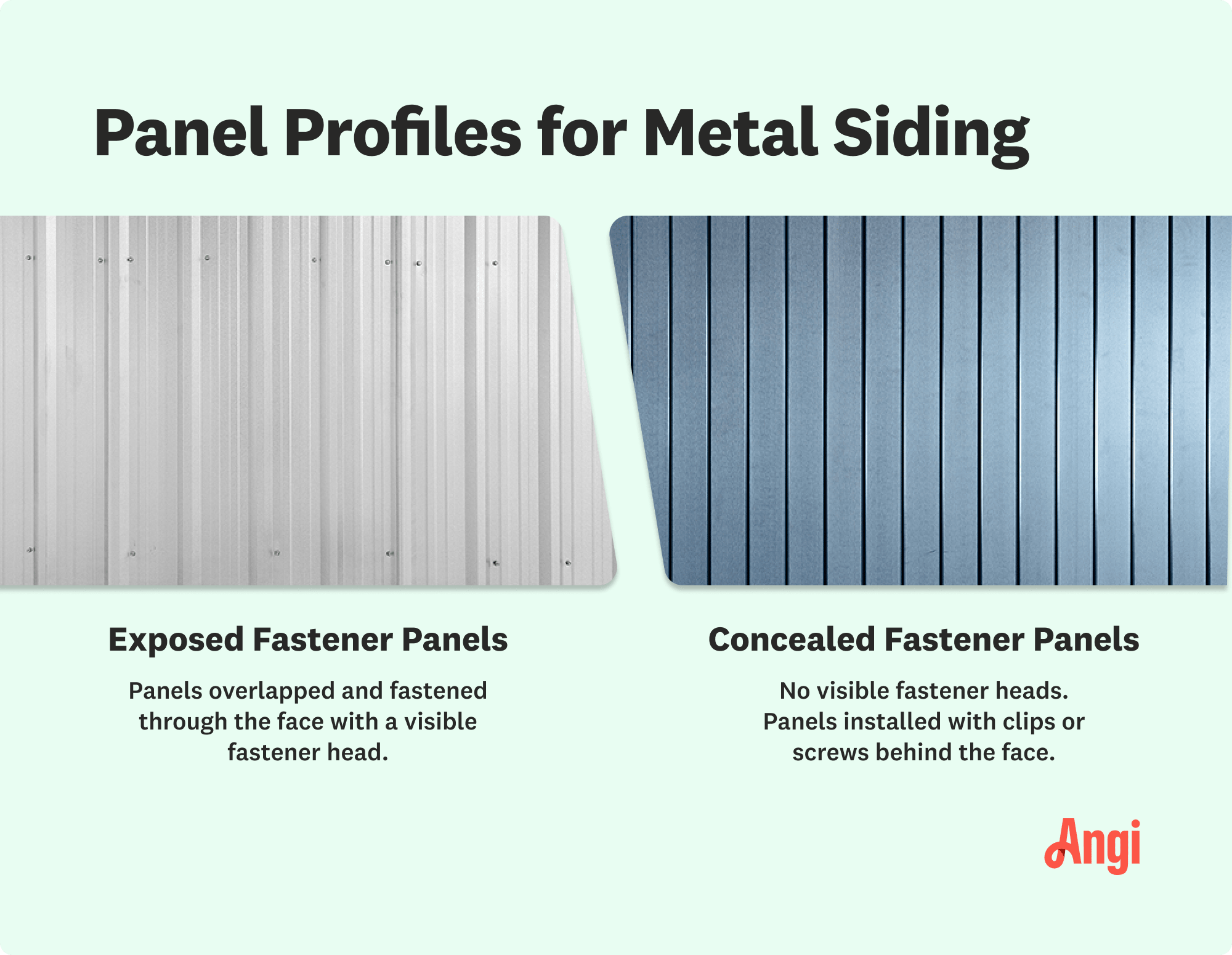 Visual comparison of metal siding exposed and concealed fastener panels, with concealed having no visible fastener heads