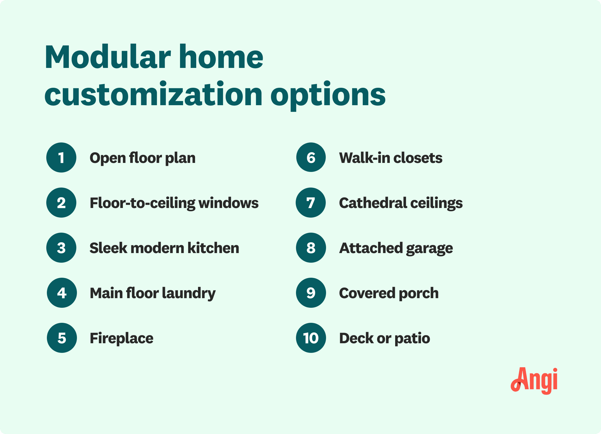 10 types of modular home customization options, including open floor plan, fireplace, and covered porch