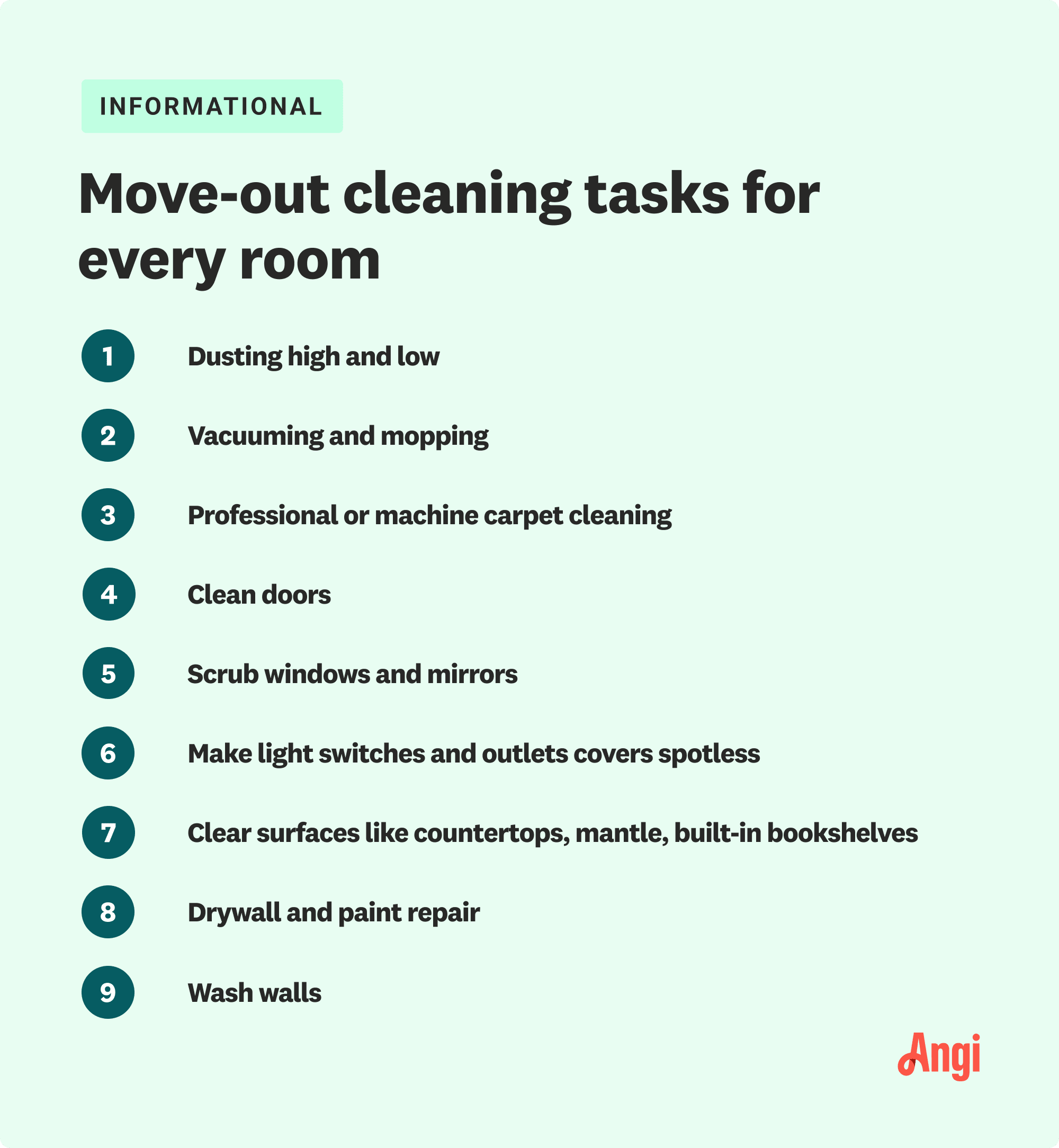 9 move-out cleaning tasks for every room, including dusting high and low and washing walls
