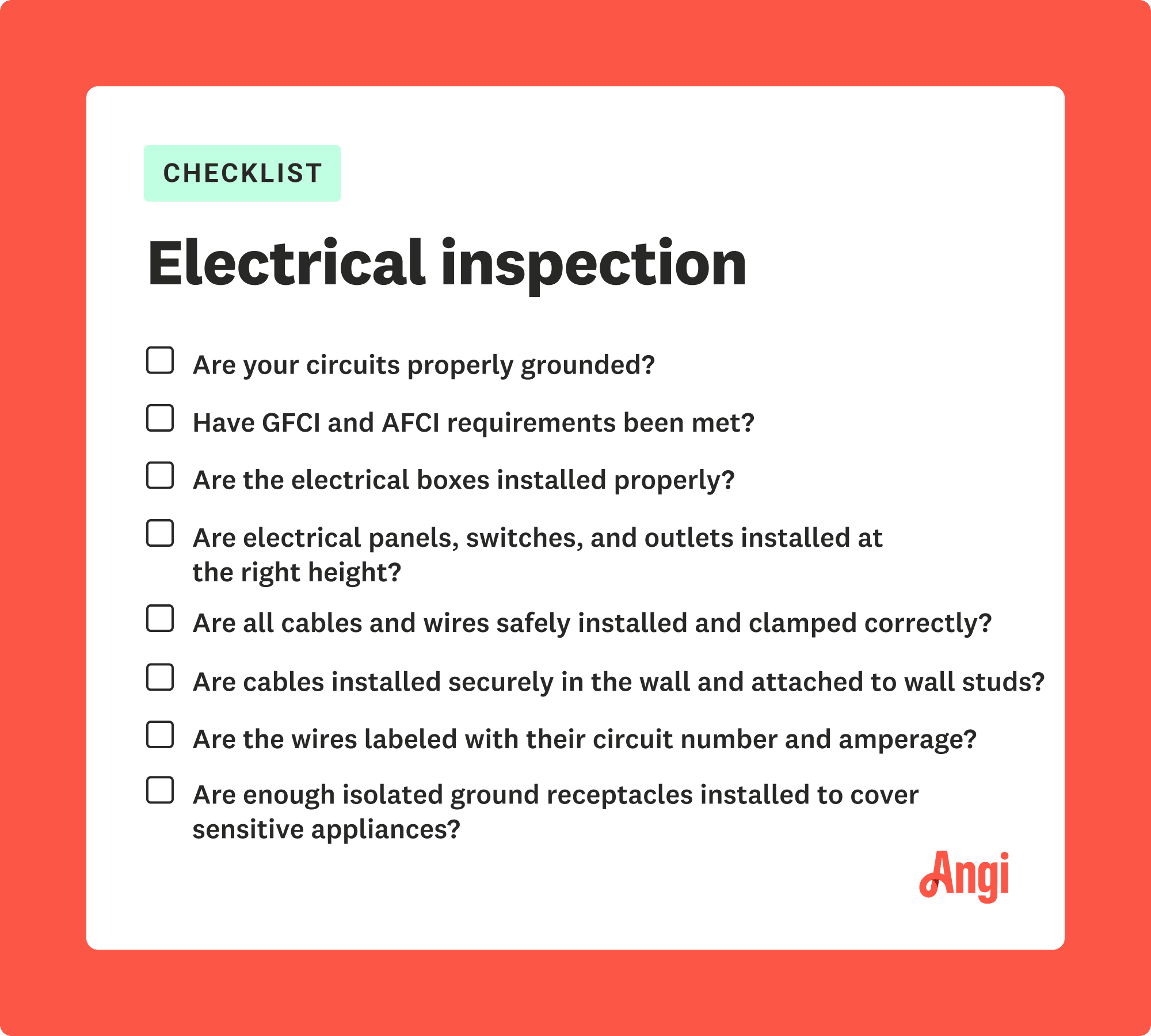 questions on an electrical inspection checklist, including checking if the electrical boxes installed properly
