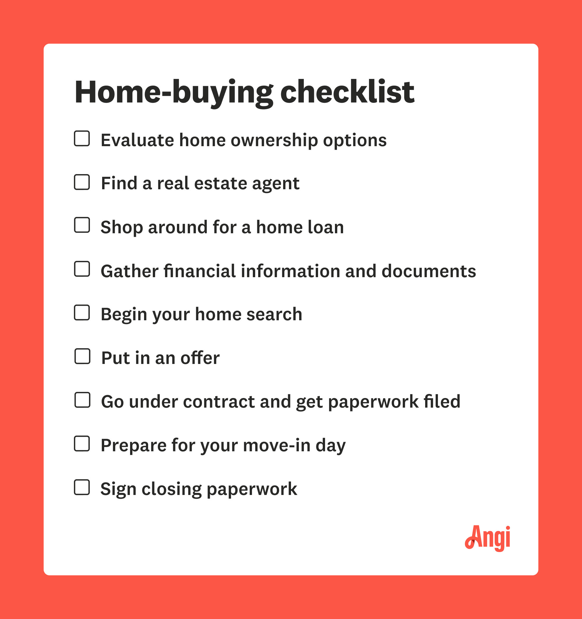 Alt text: Home buying checklist, including finding a real estate agent and beginning your home search