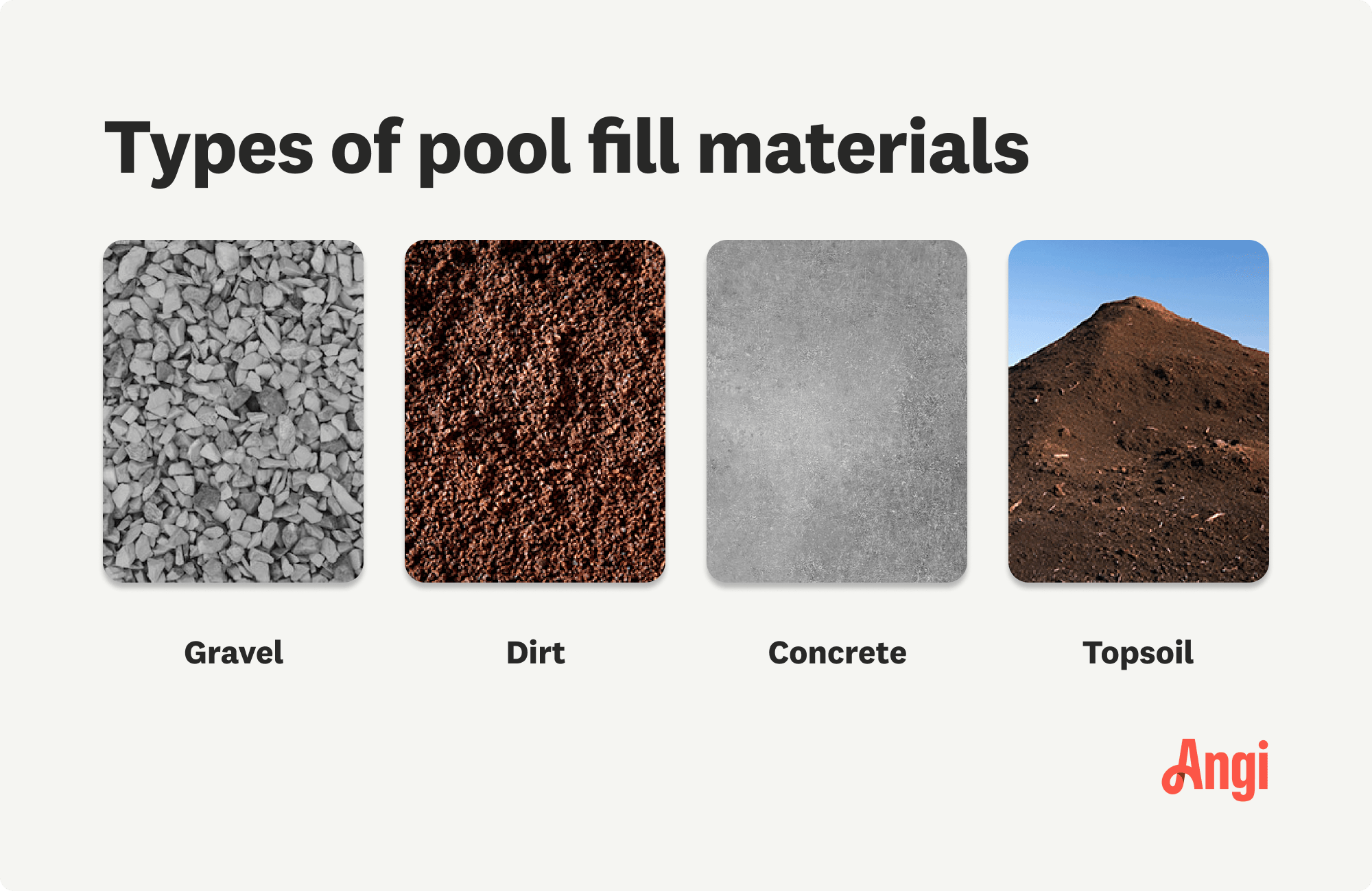 4 types of pool fill materials, including gravel, dirt, concrete, and topsoil