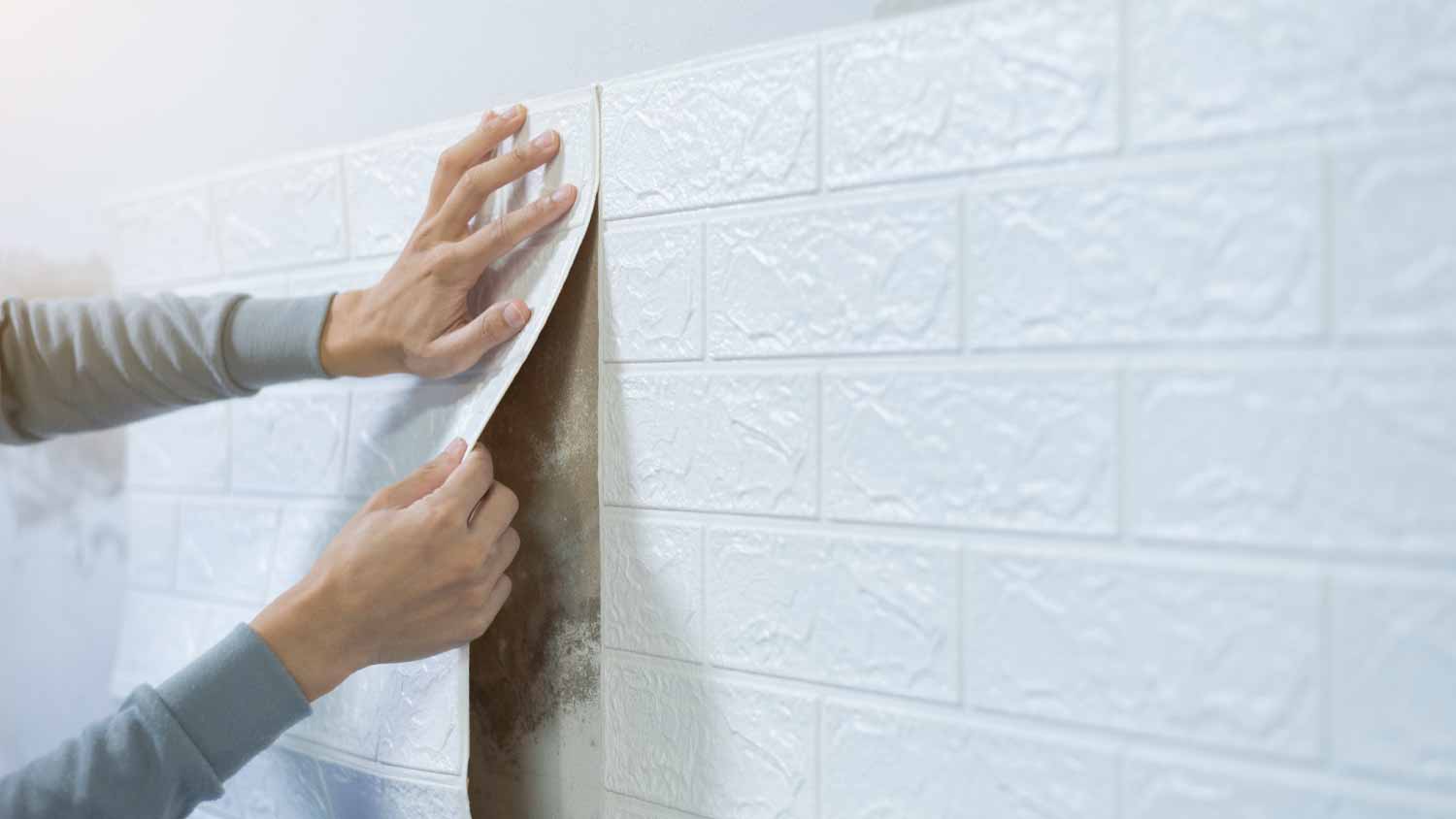 Worker sticking wallpaper on wall