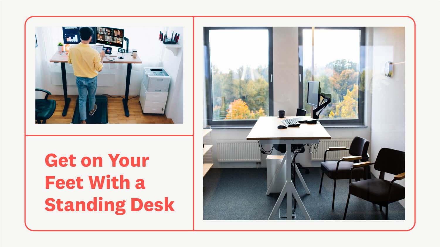 Man working from home at standing desk and under desk treadmill
