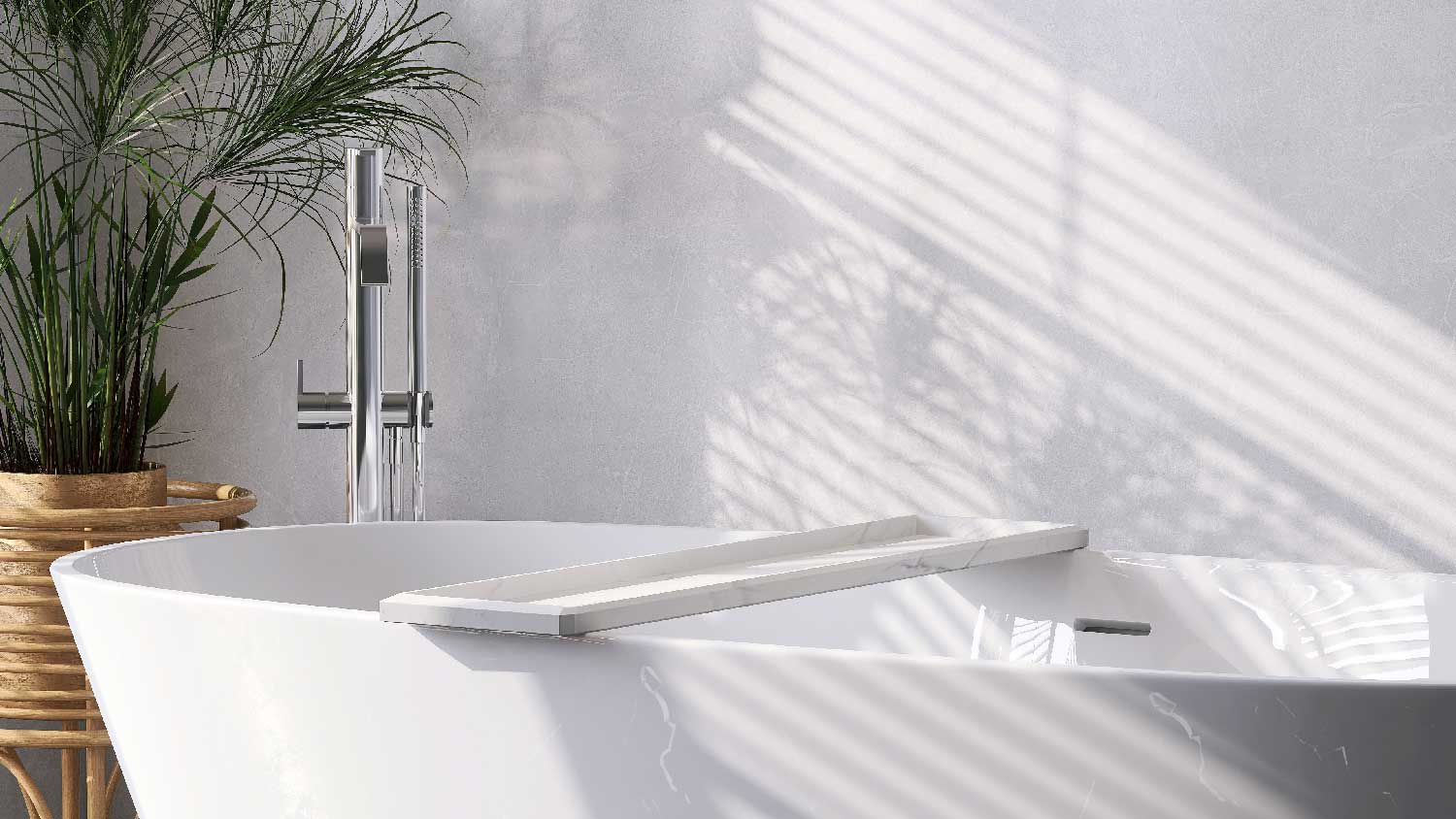 A bright bathroom with an acrylic tub