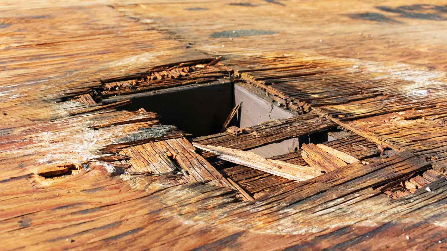 Hole in wood floor from water damage
