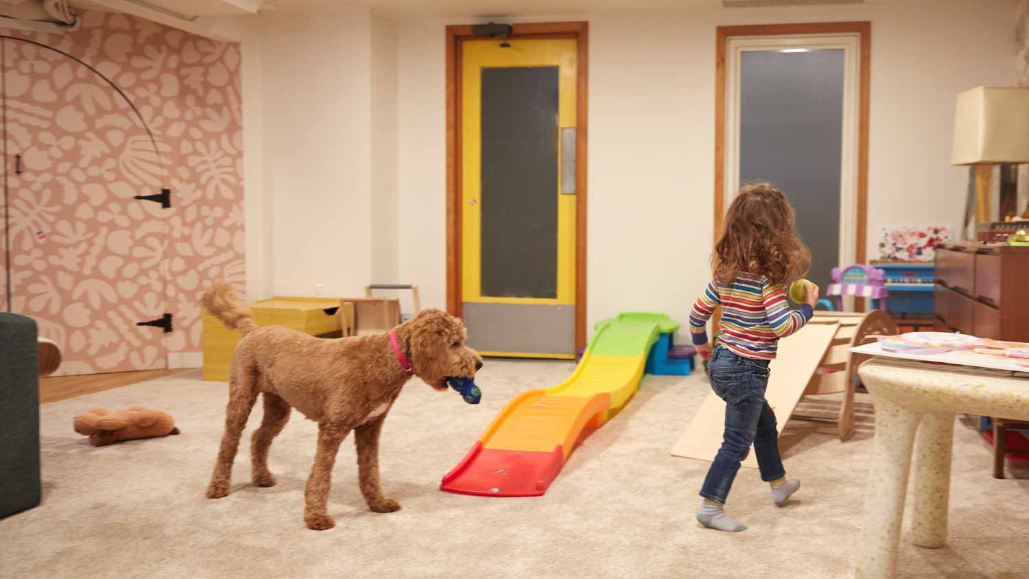 Toddler in playroom with puppy